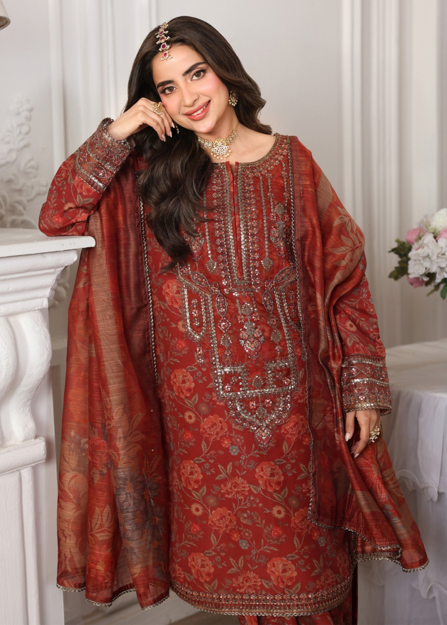 poly lawn Kurta Set in Rustic brown