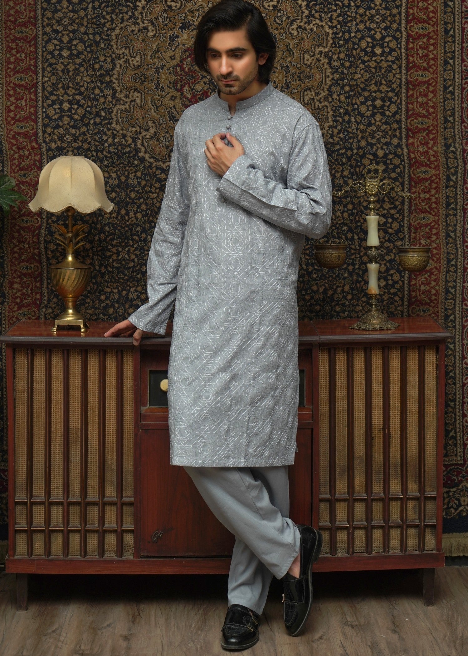 cotton Kurta Set in Steal grey