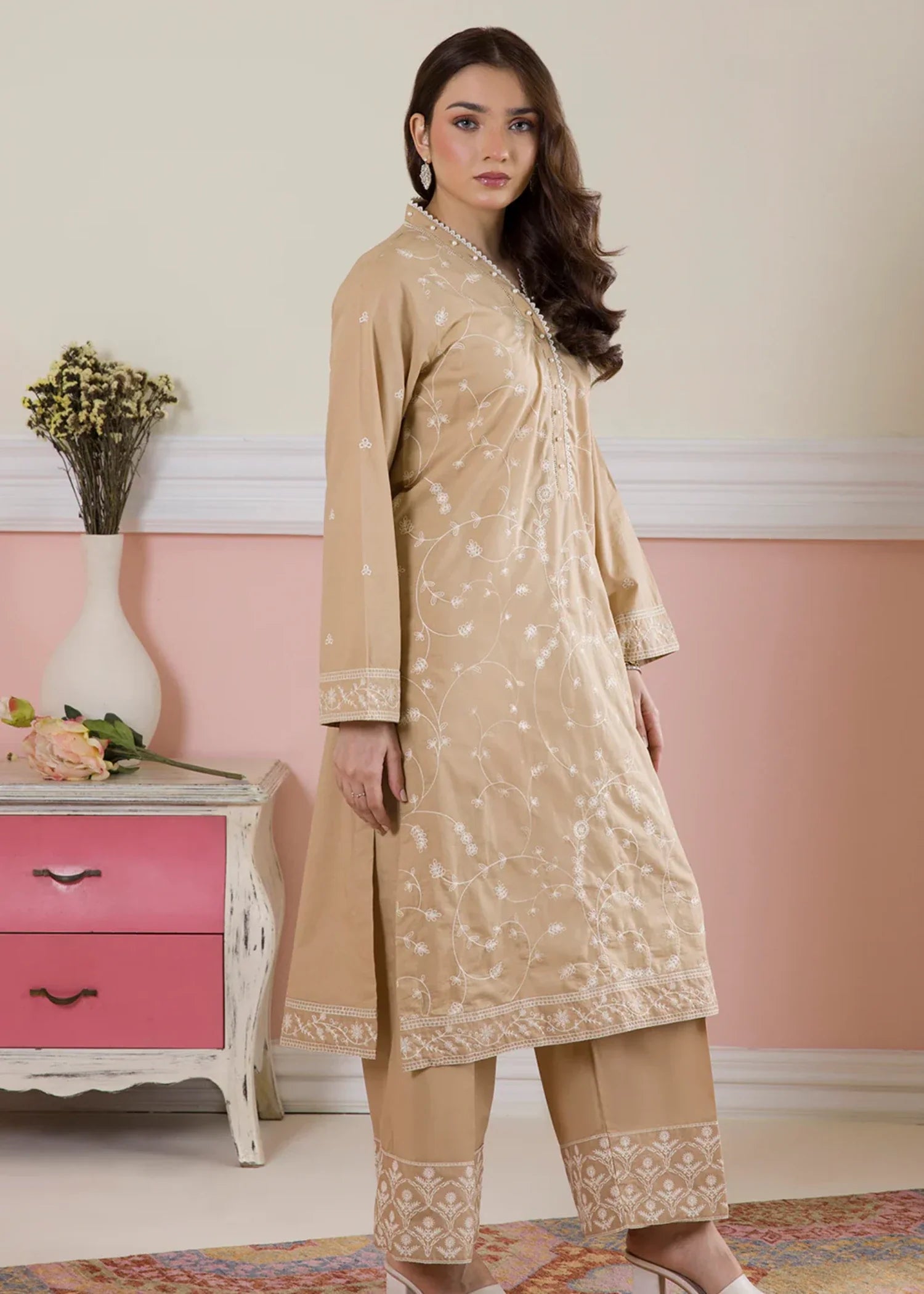 cambric Kurta Set in Sand brown