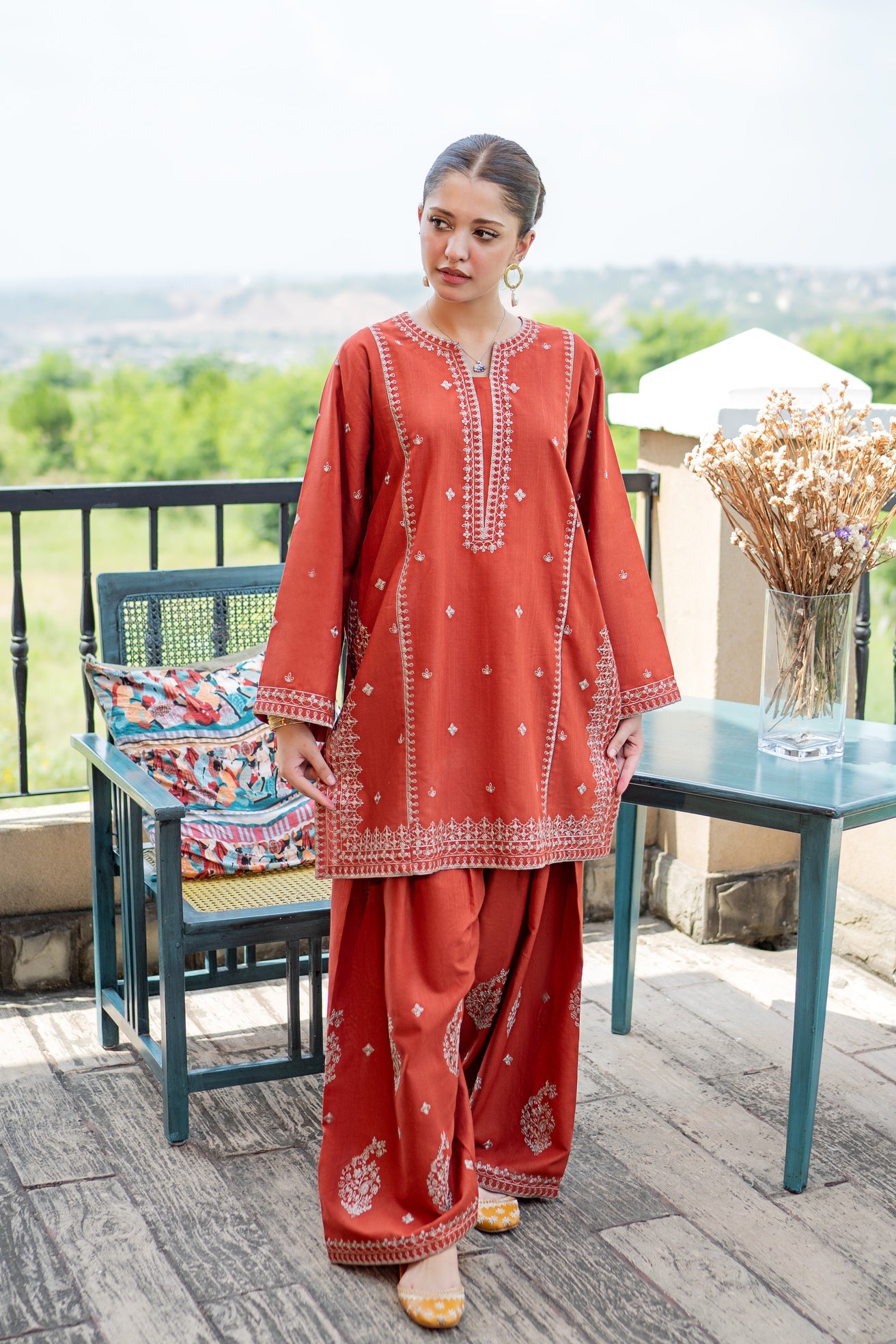 slub khaddar Kurta Set in Rust orange