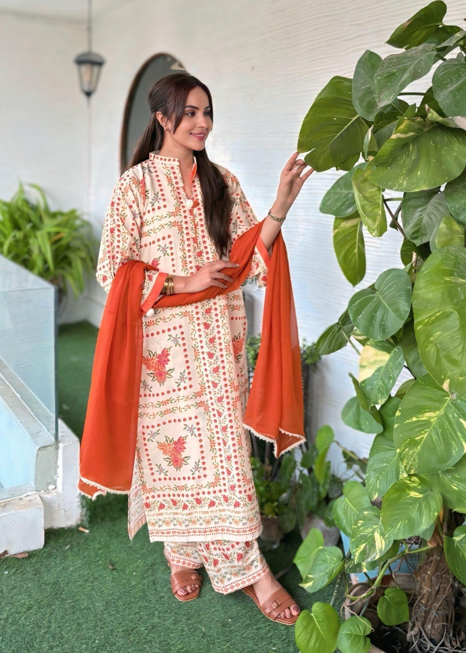 blended khaddar Co Ord Sets in Orange, beige