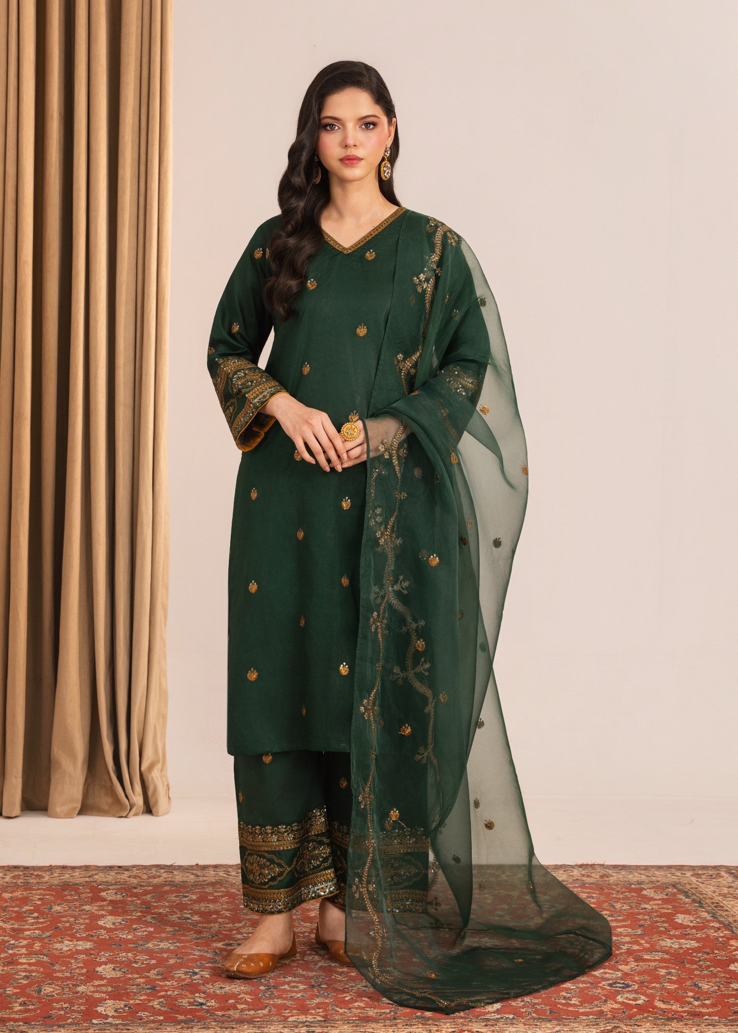 lawn Kurta Set in Gold, dark green