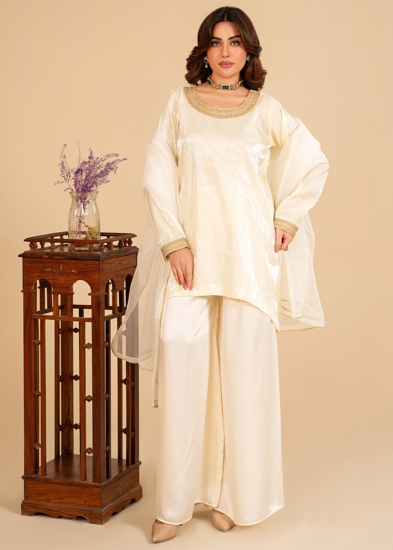 zari organza Short Frock in Off-white