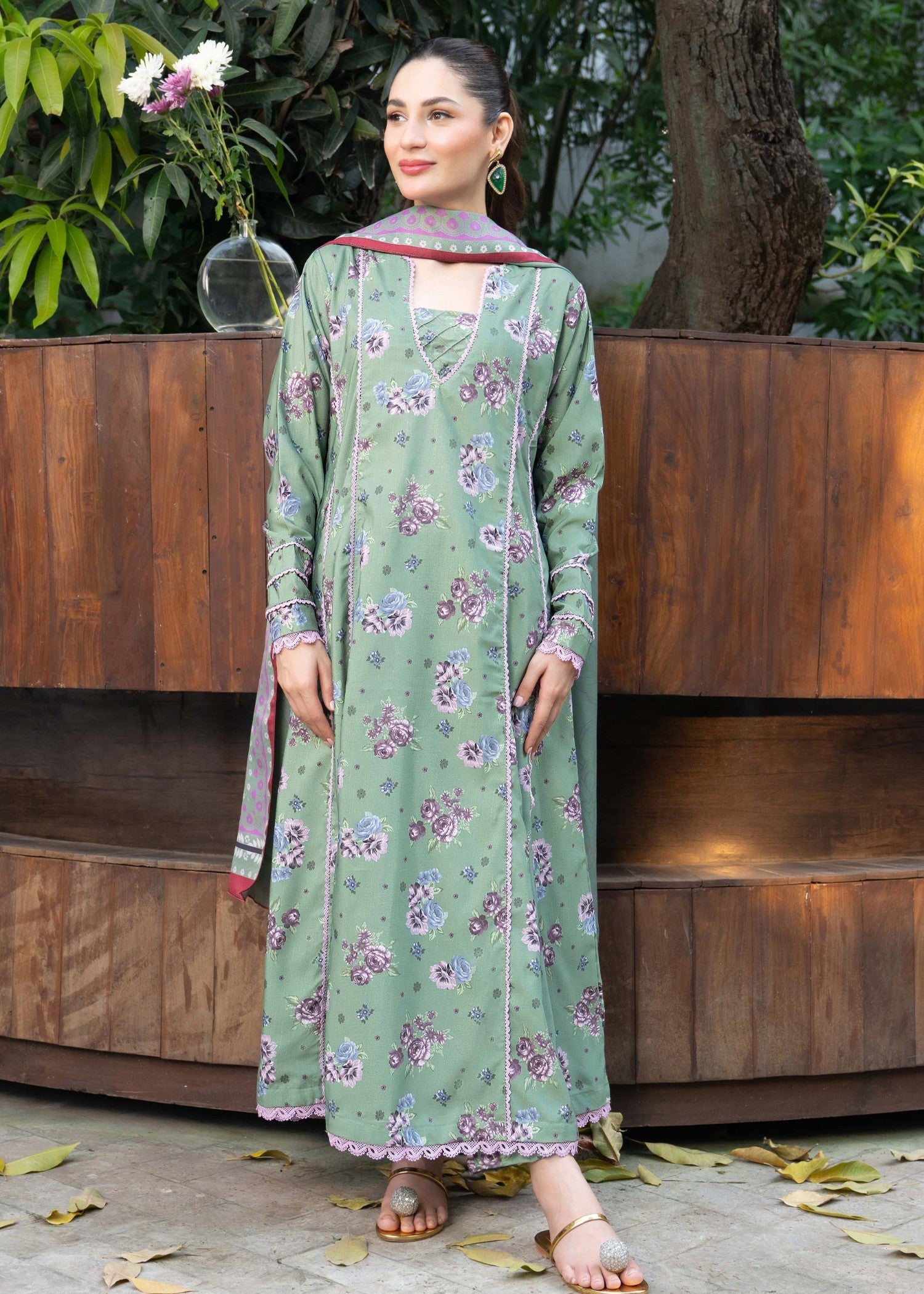 khaddar Gown in Pistachio green