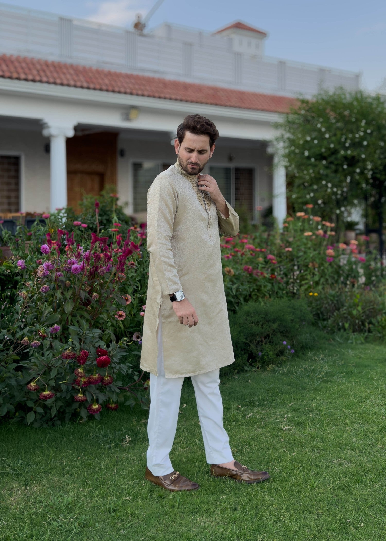 traditional jamawar Kurta in Tan brown
