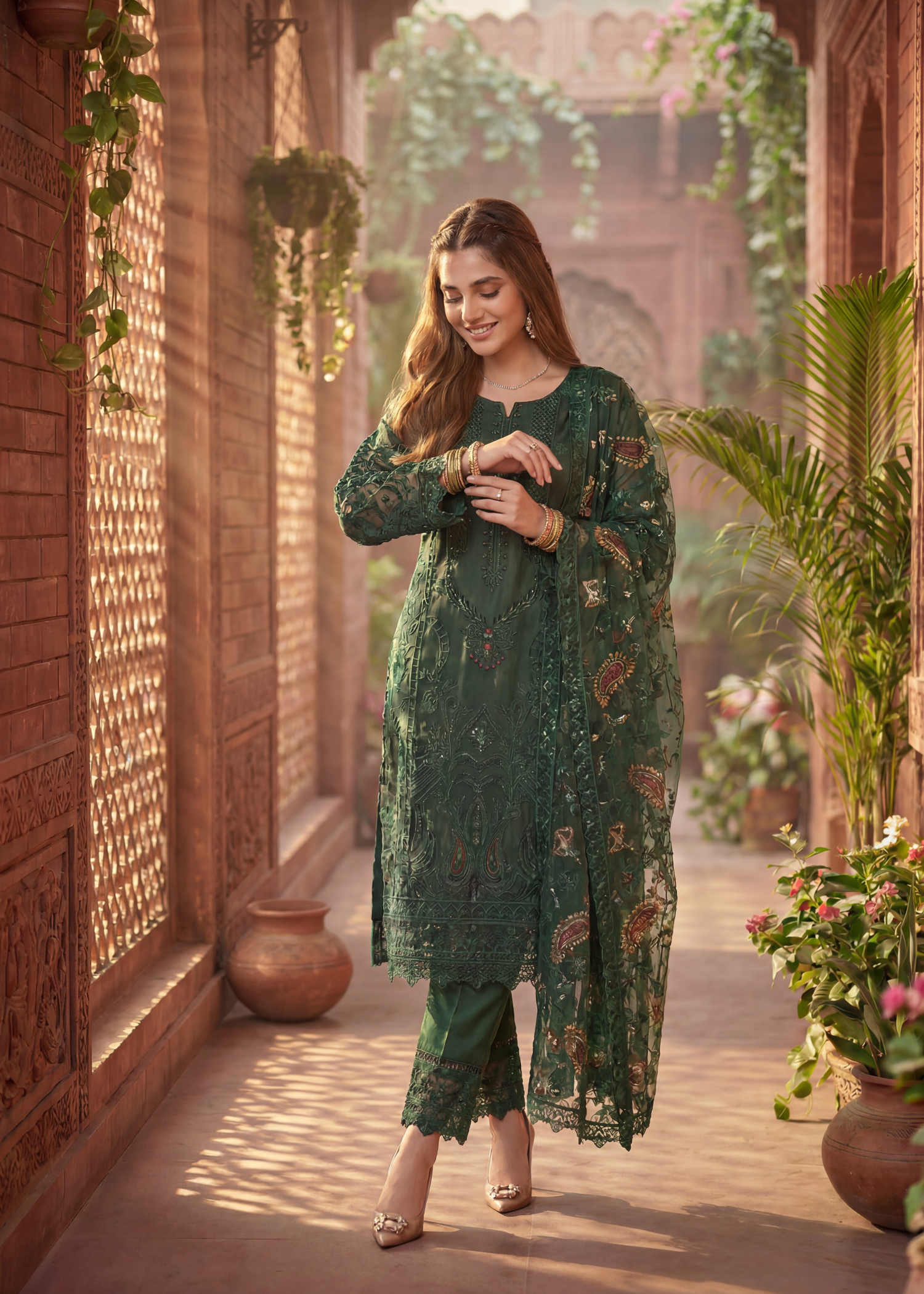 net Kurta Set in Bottle green