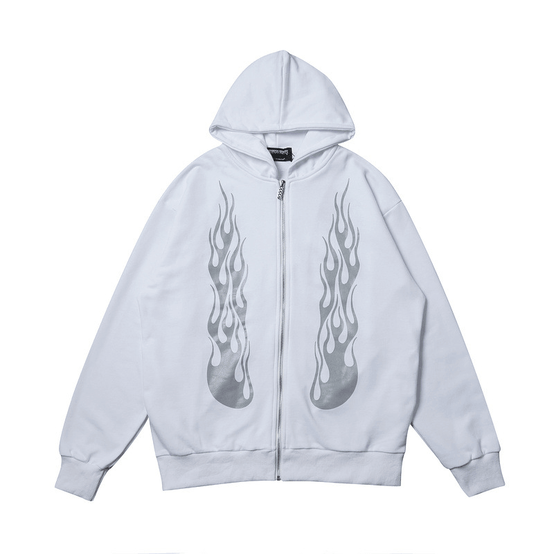 Dark Rock Reflective Flame Print Hoodie Men'S Sports Cardigan