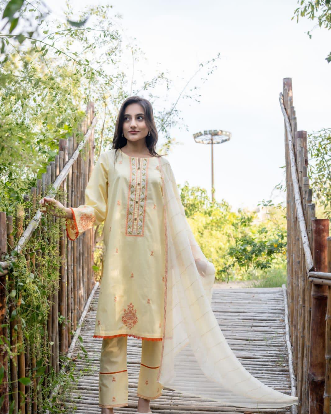 cambric Kurta Set in Butter