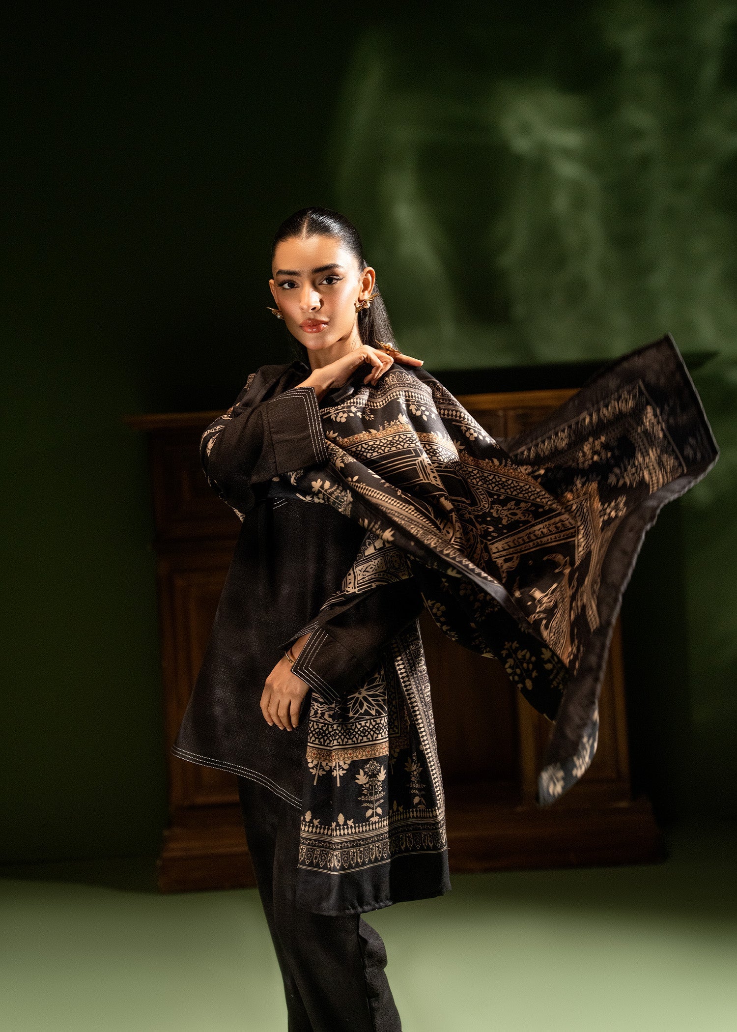 blended satin jacquard Co Ord Sets in Black