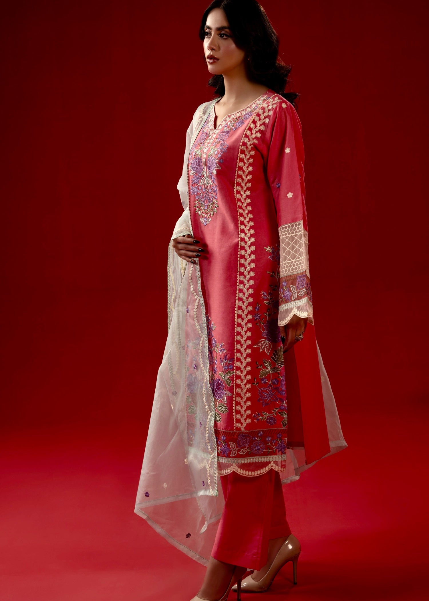 cambric Kurta Set in Salmon pink