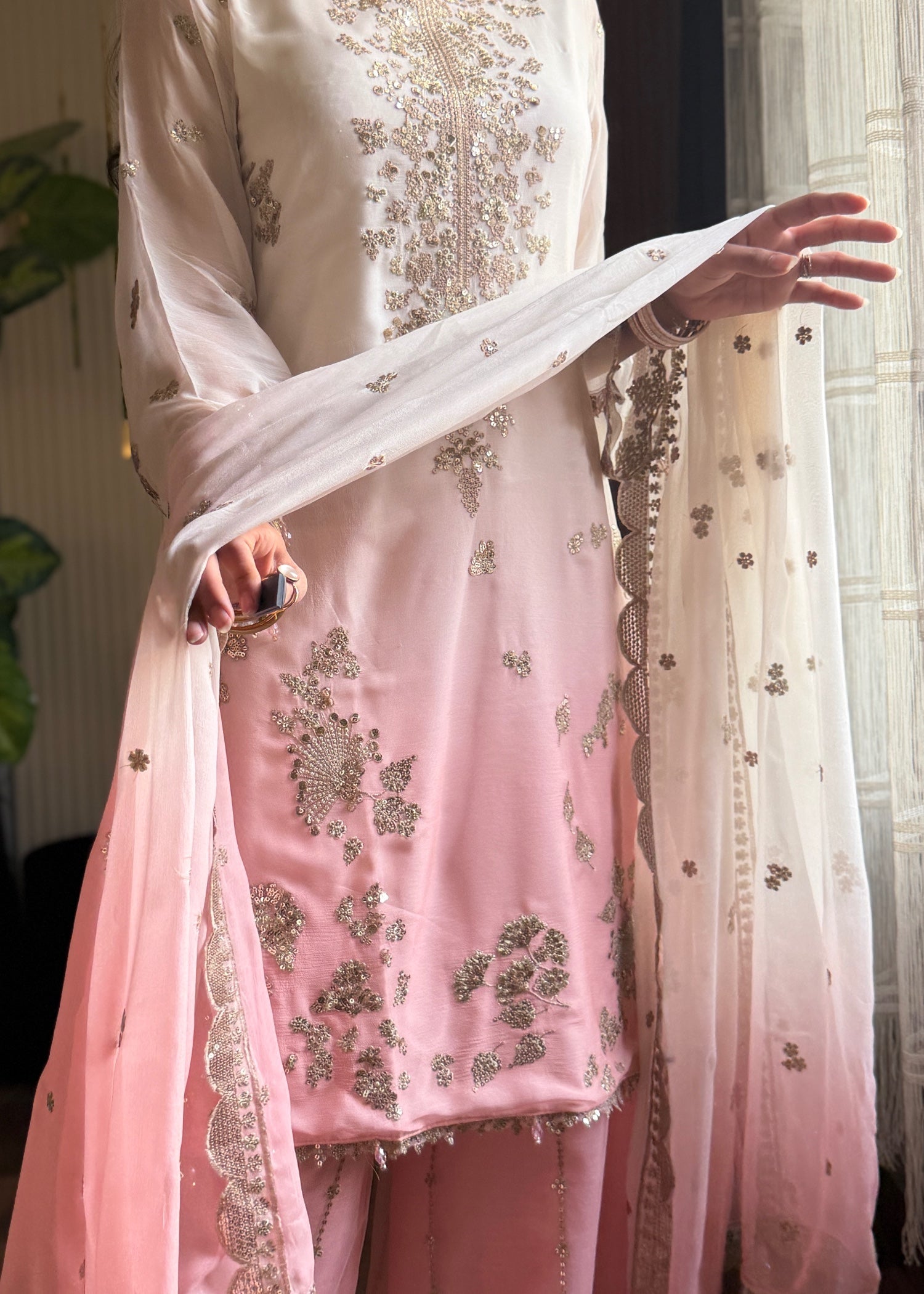 chiffon Kurta Set in Pink, off-white