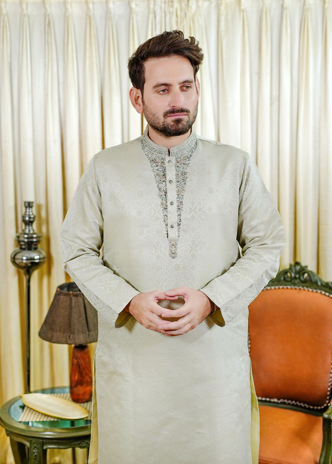 traditional jamawar Kurta in Silver