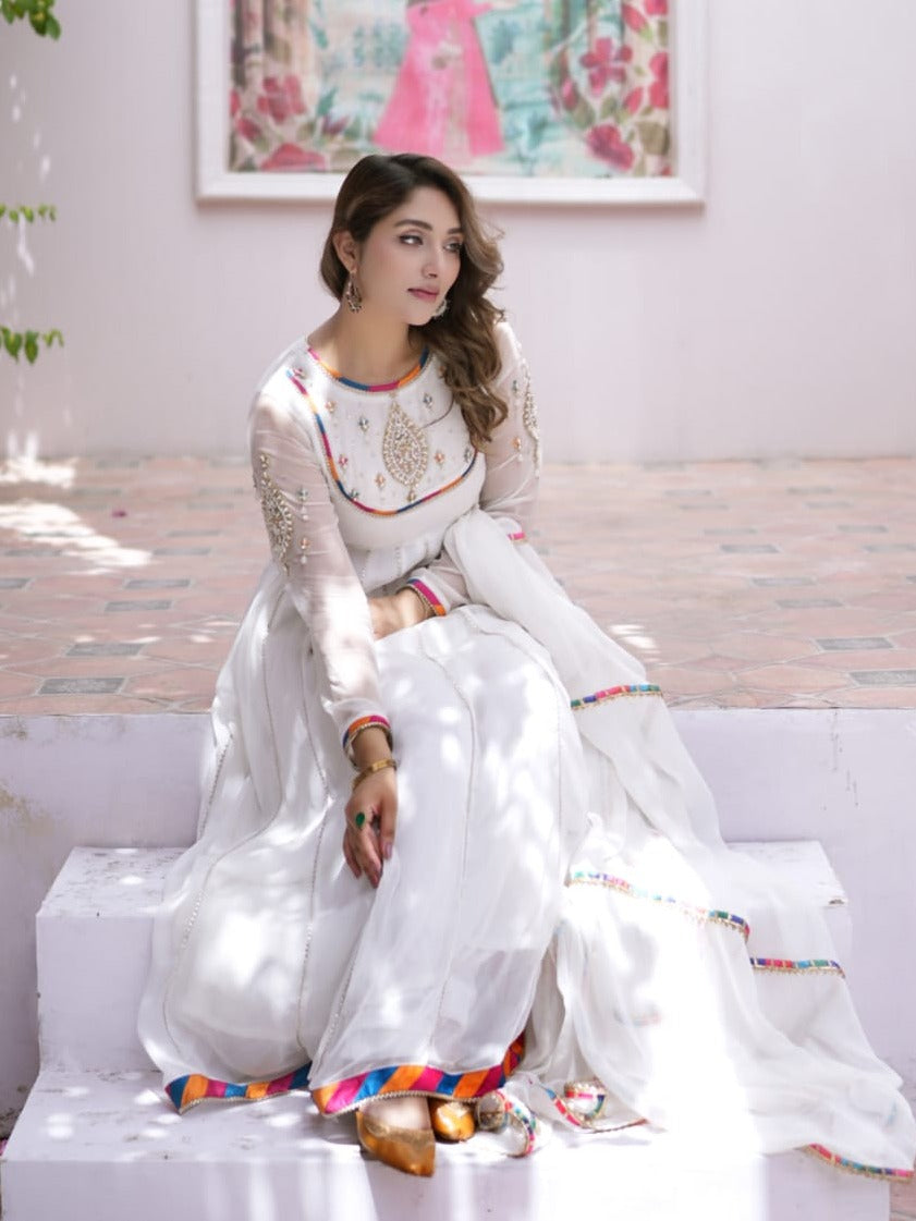 polyester chiffon Pishwas in White
