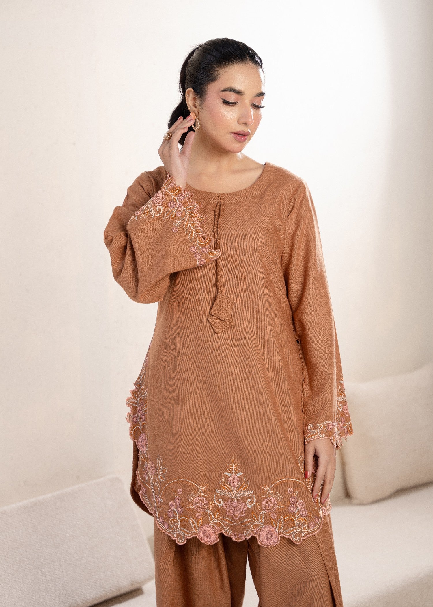 linen Kurta Set in Sand brown