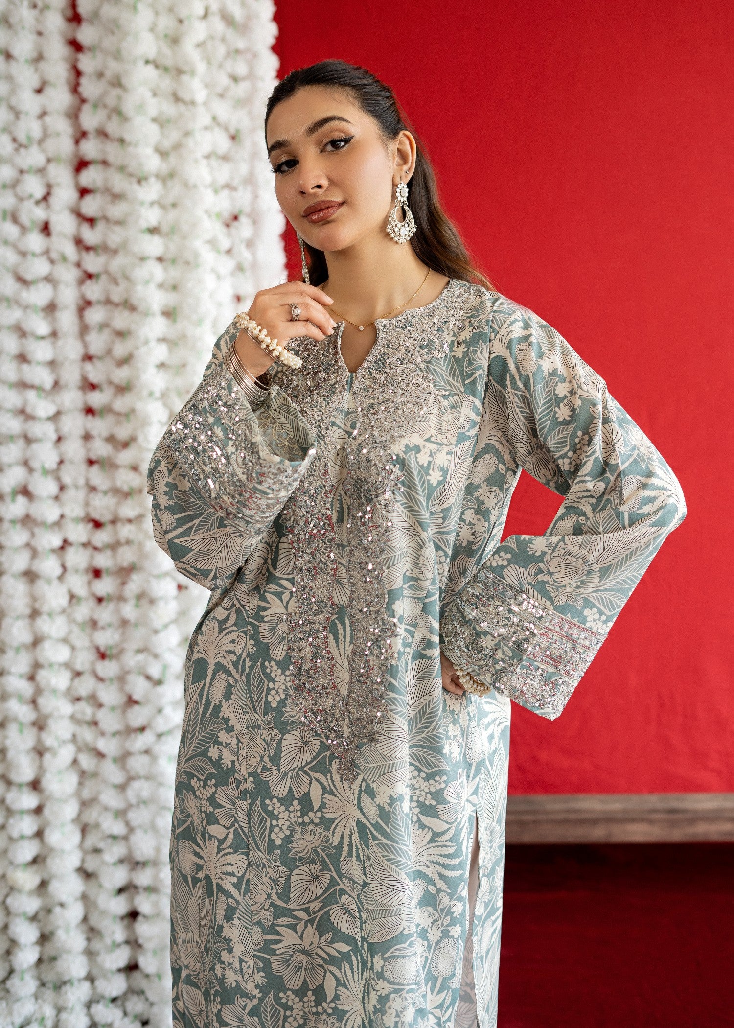 lawn Kurta Set in Duck egg grey