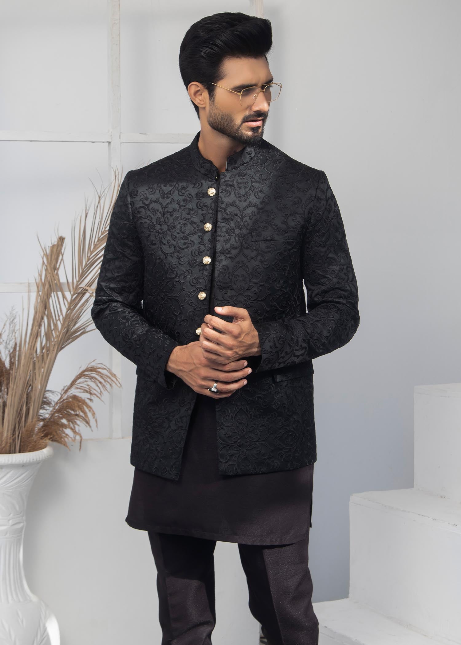 cotton silk Prince Coat in Black