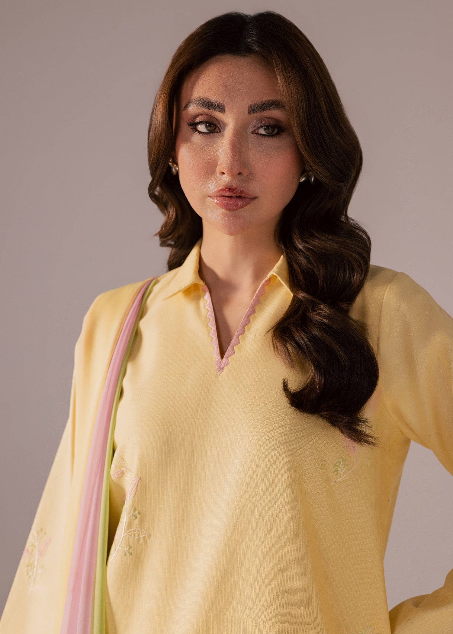 ribbed lawn Kurta Set in Yellow