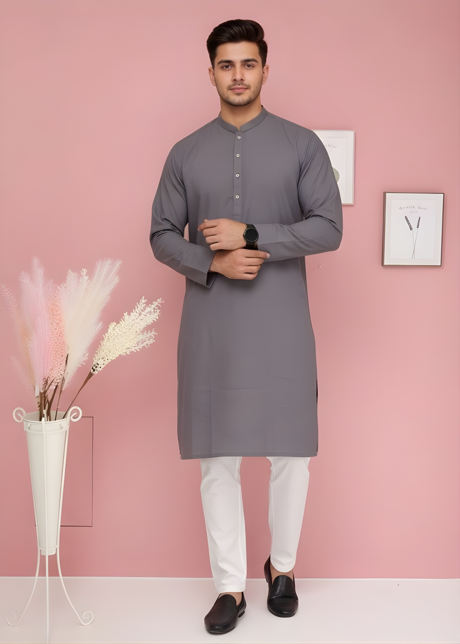 cotton dobby Kurta in Cool grey