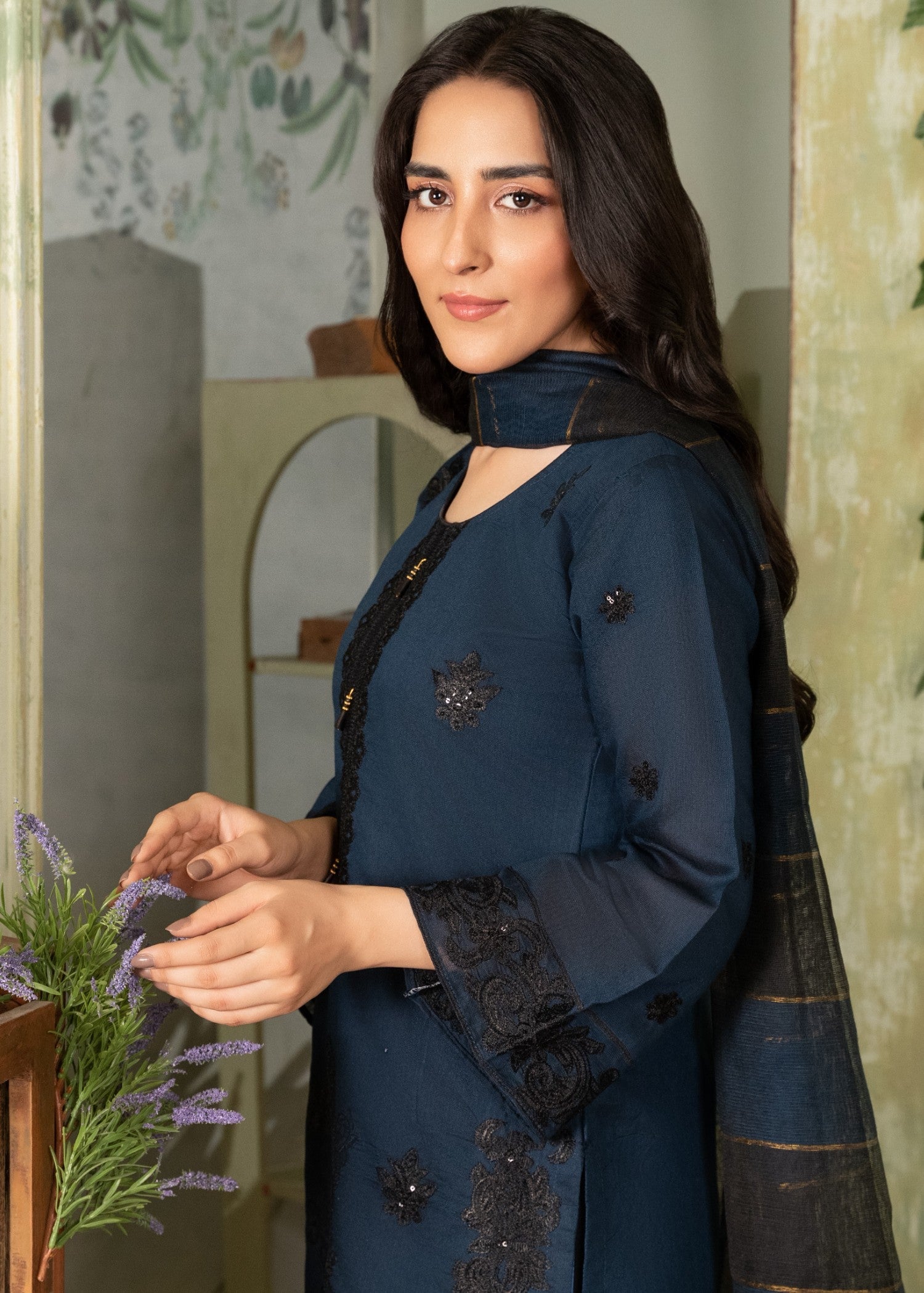 khaddi net Kurta Set in Blue