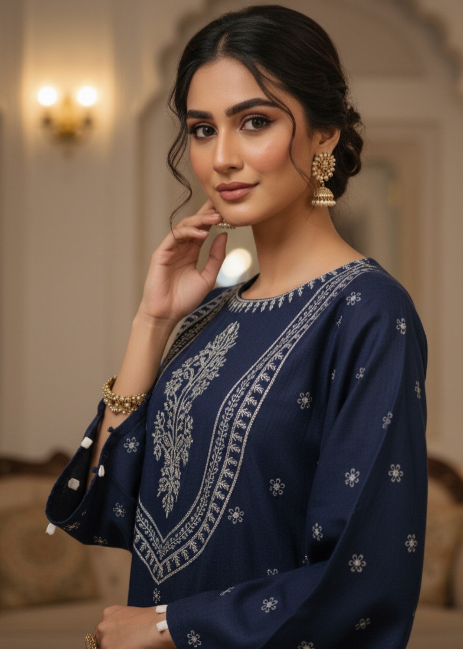 poly viscose Kurta Set in Navy blue