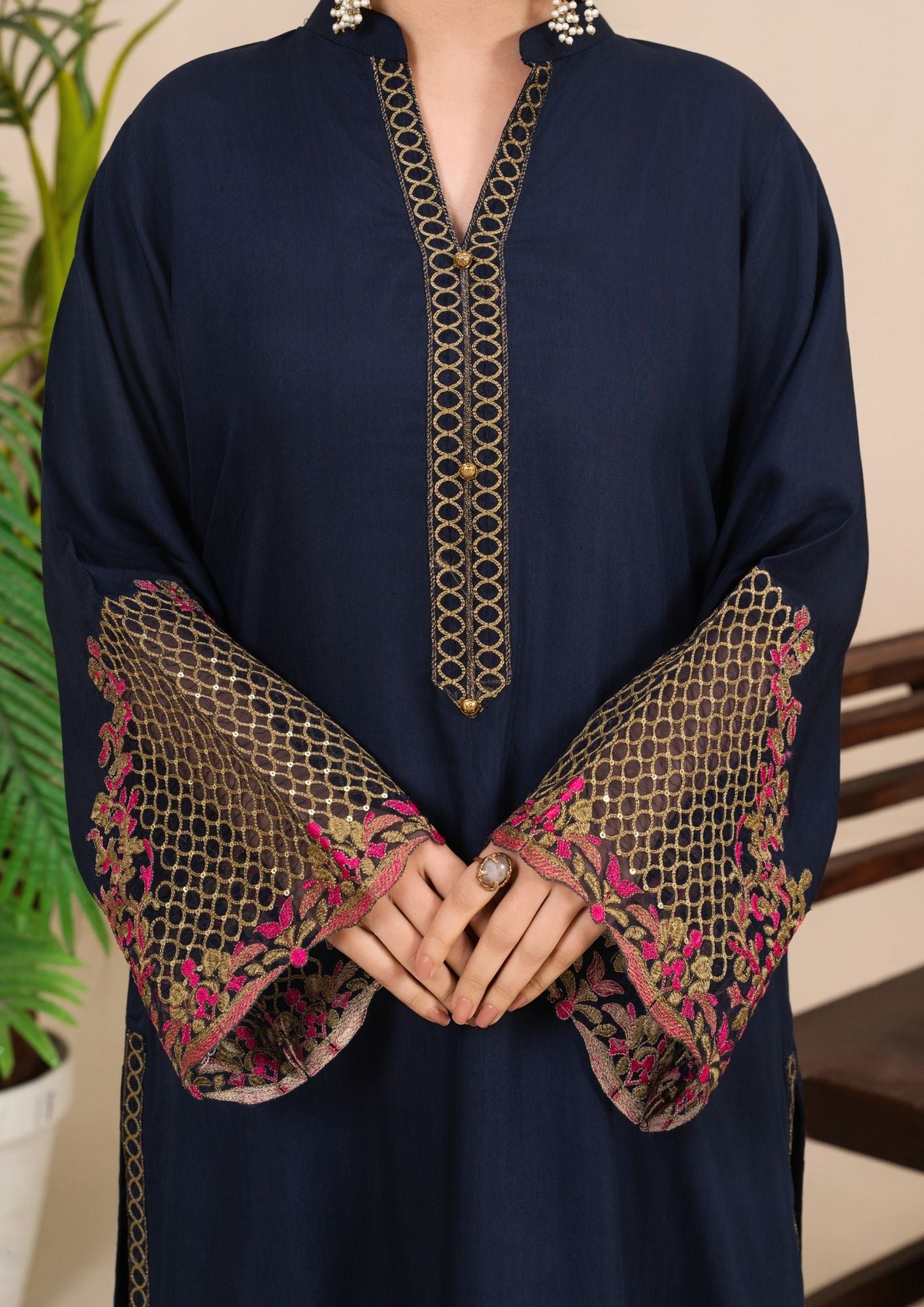 viscose raw silk Kurta Set in Navy blue