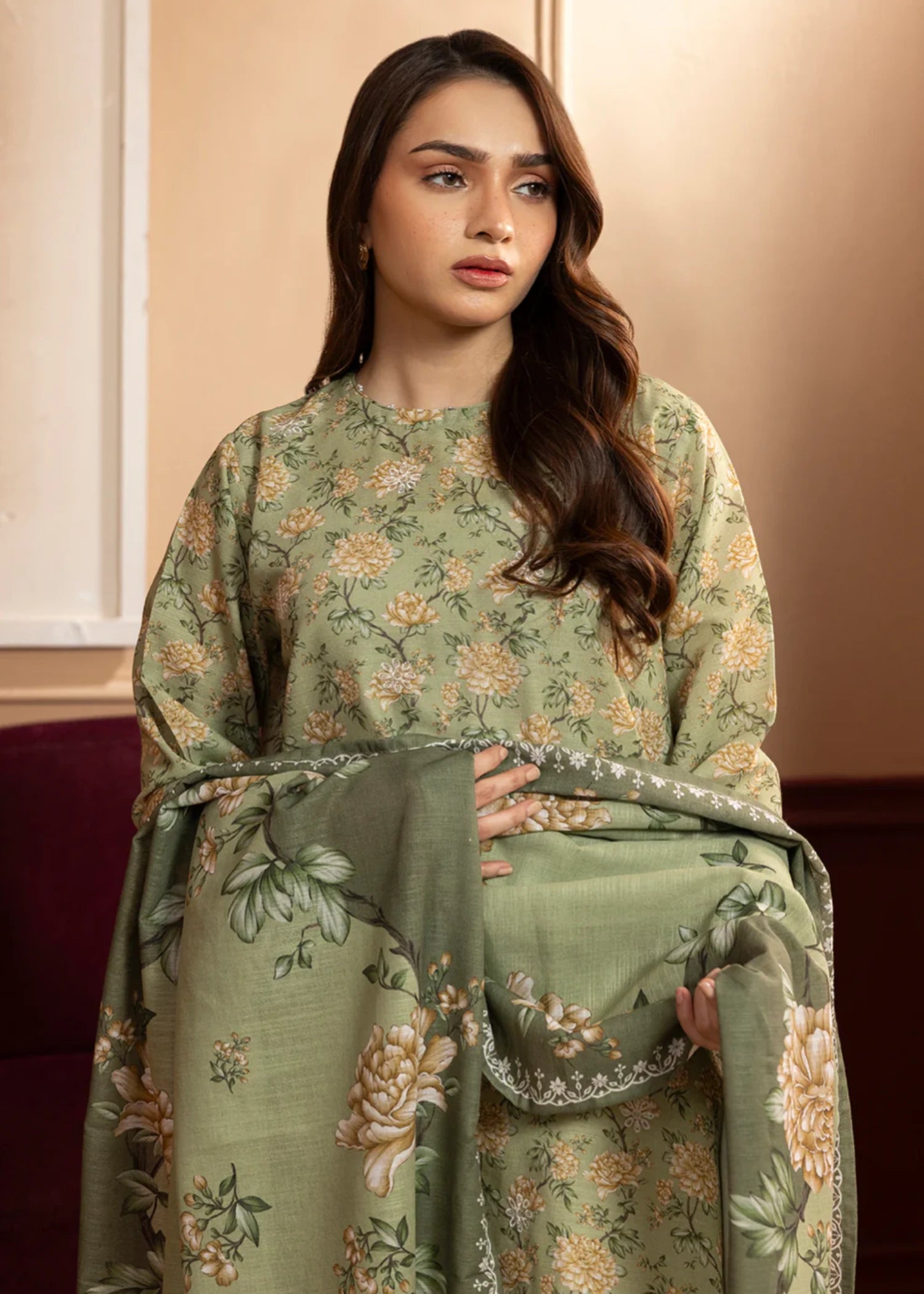 khaddar Kurta Set in Sage green