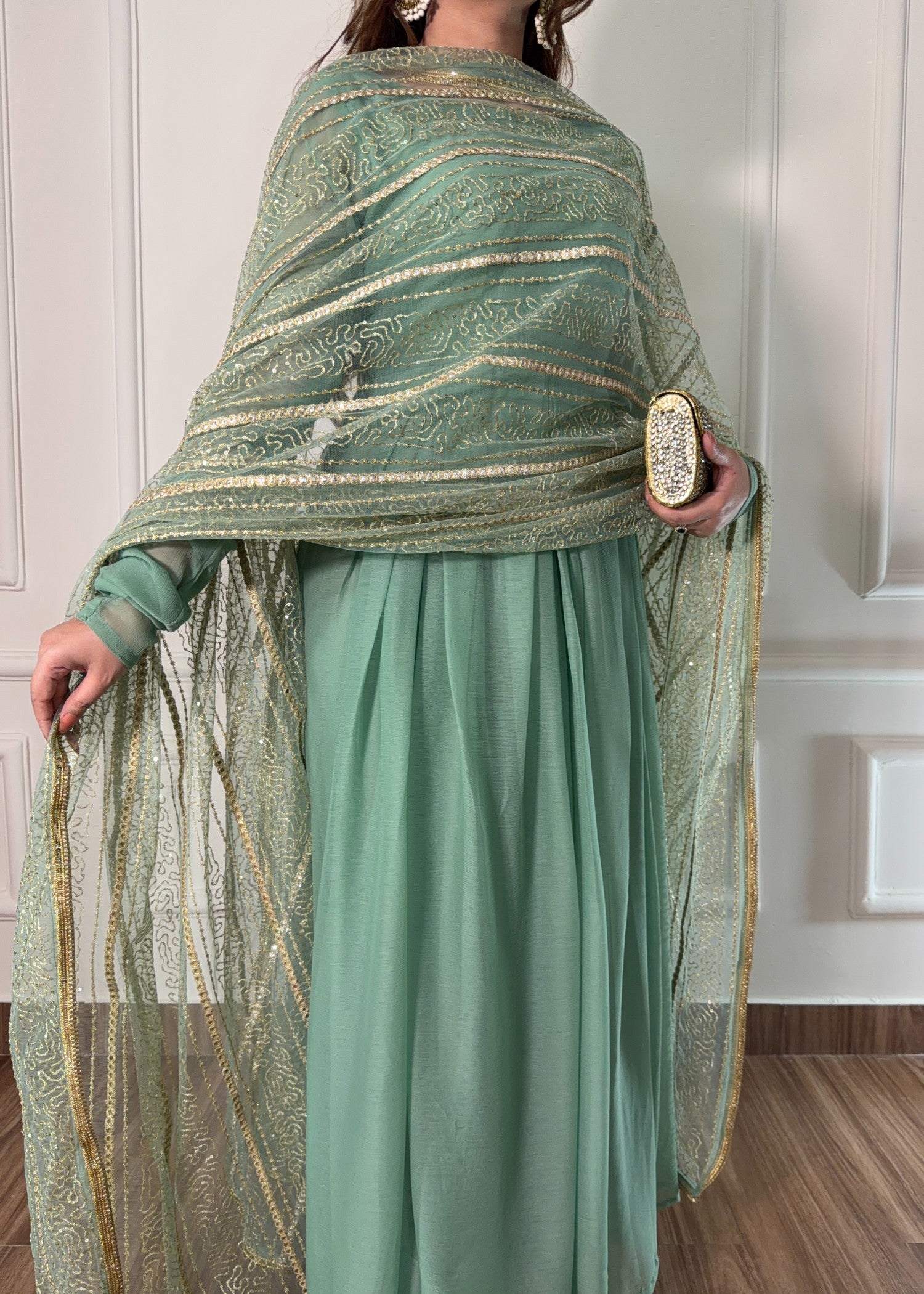 bemberg crinkle chiffon Maxi in Moss green