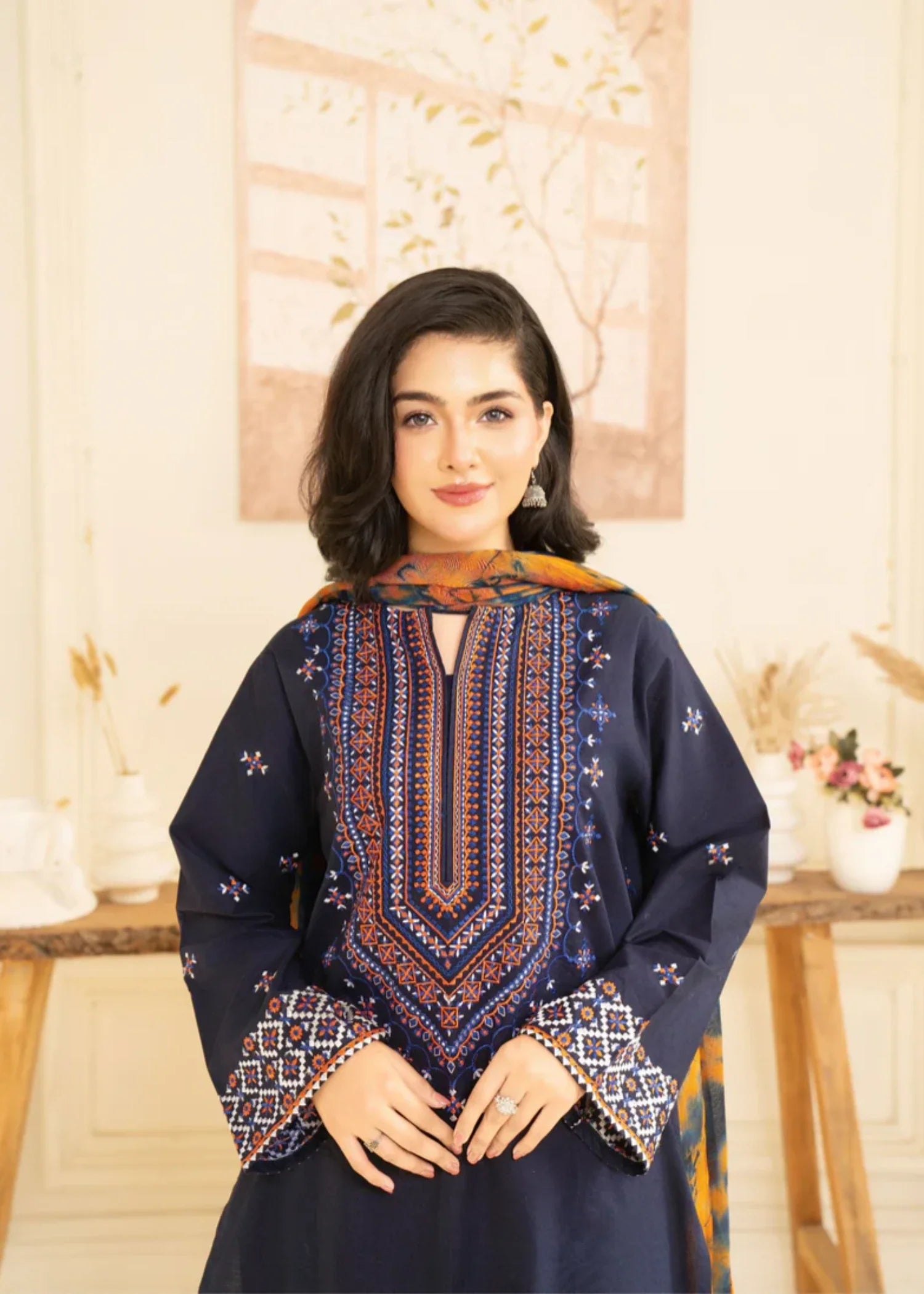 lawn cotton Kurta Set in Navy blue