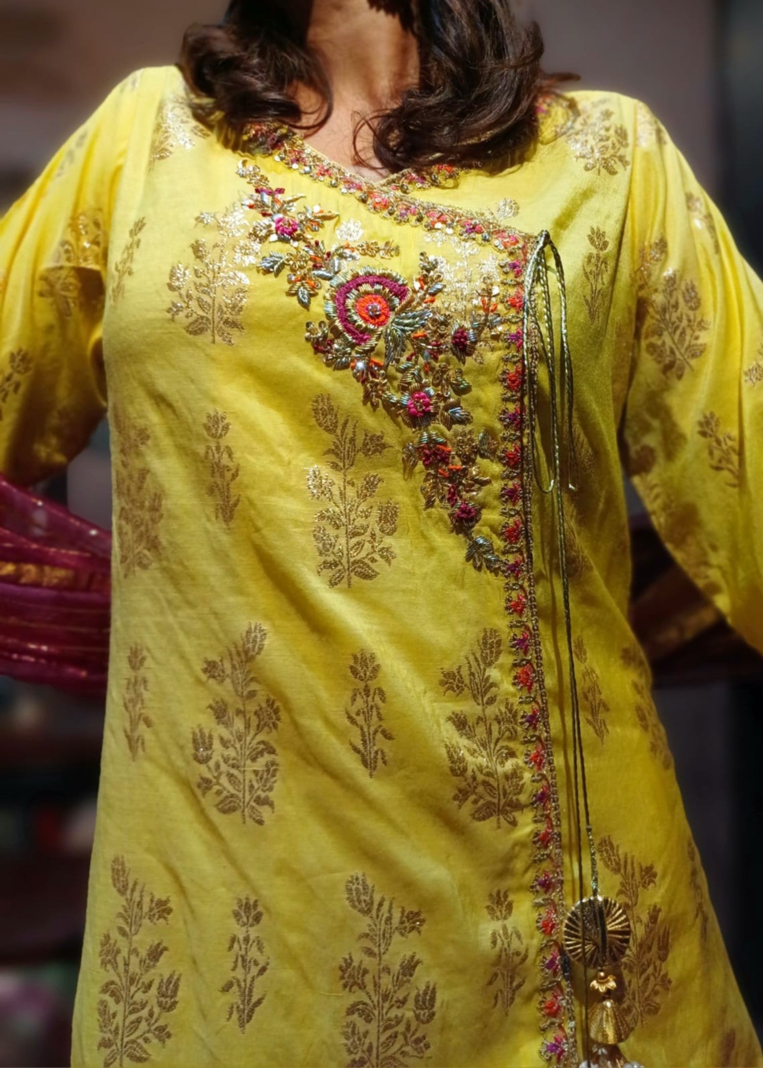cotton jacquard Angrakha in Yellow