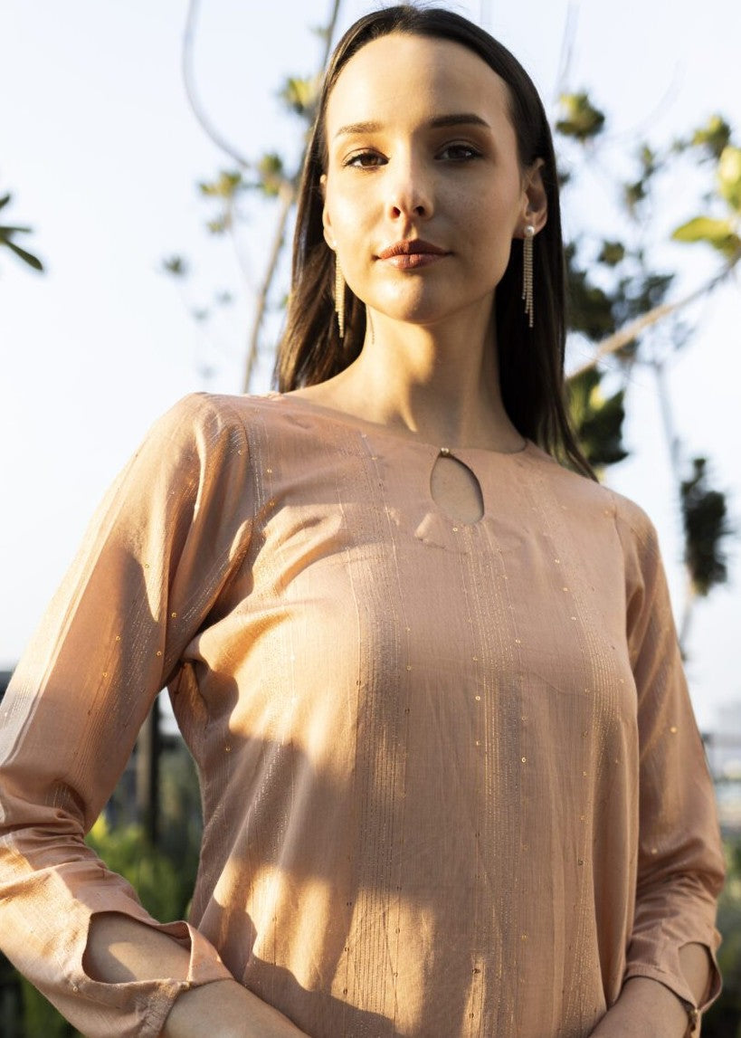 zari lawn Kurta Set in Peach pink
