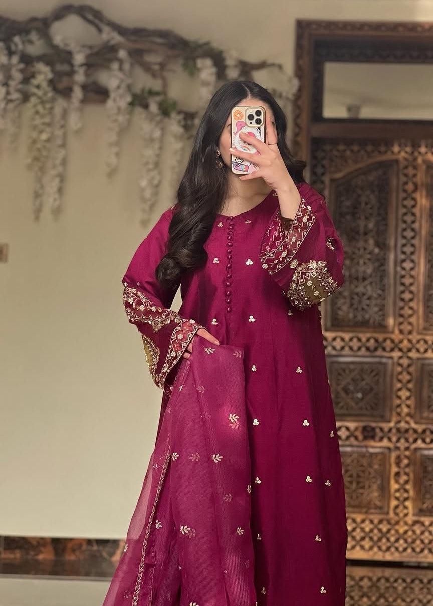 raw silk Pishwas in Plum purple