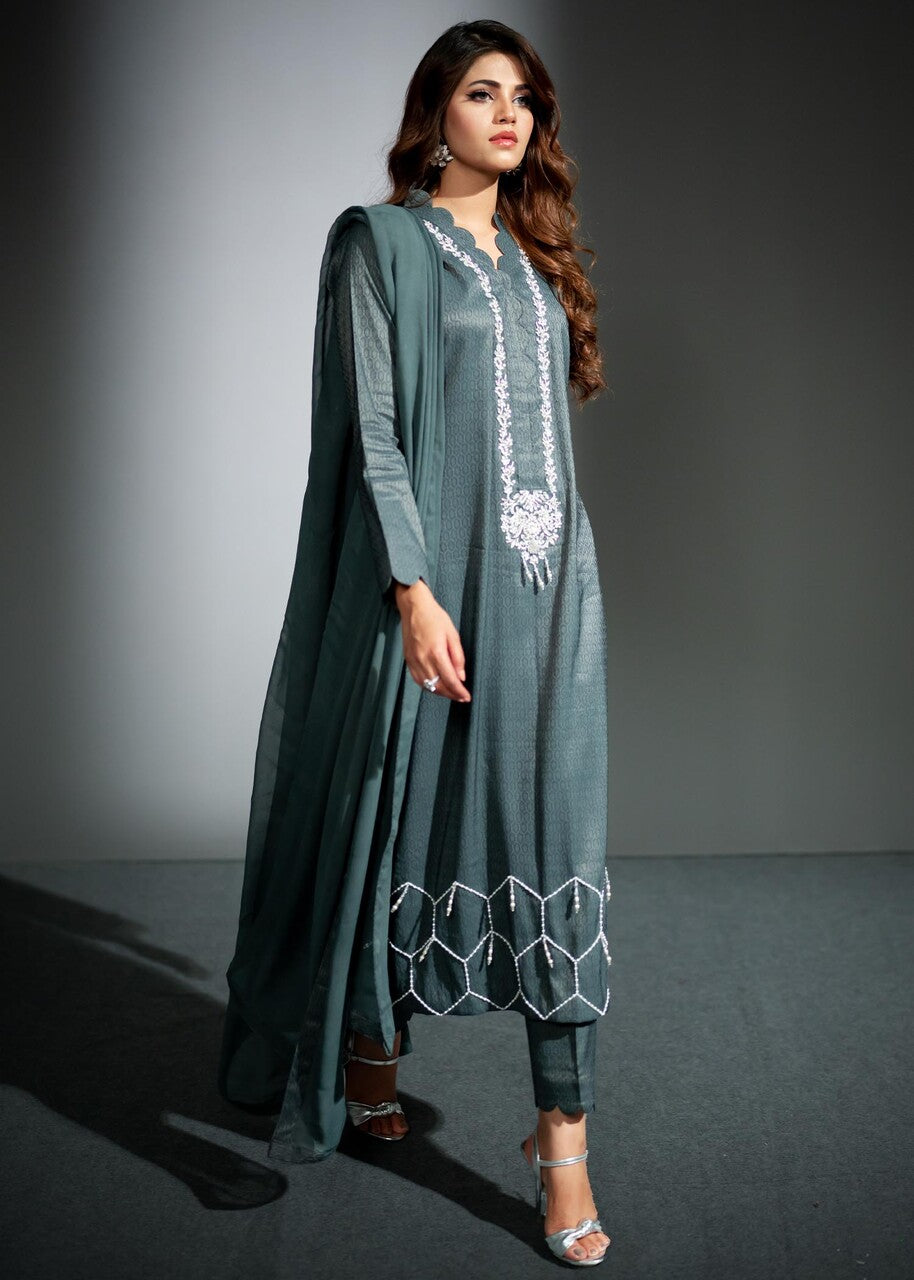 jacquard Kurta Set in Grey