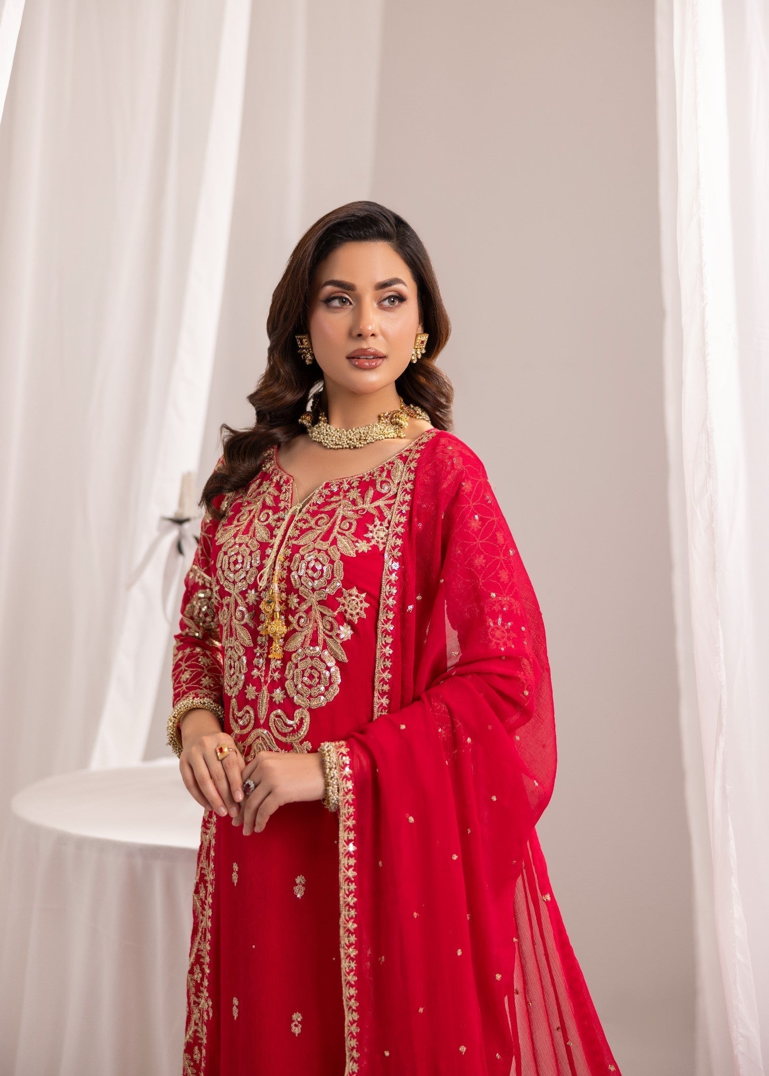 bemberg crinkle chiffon Kurta Set in Hot pink