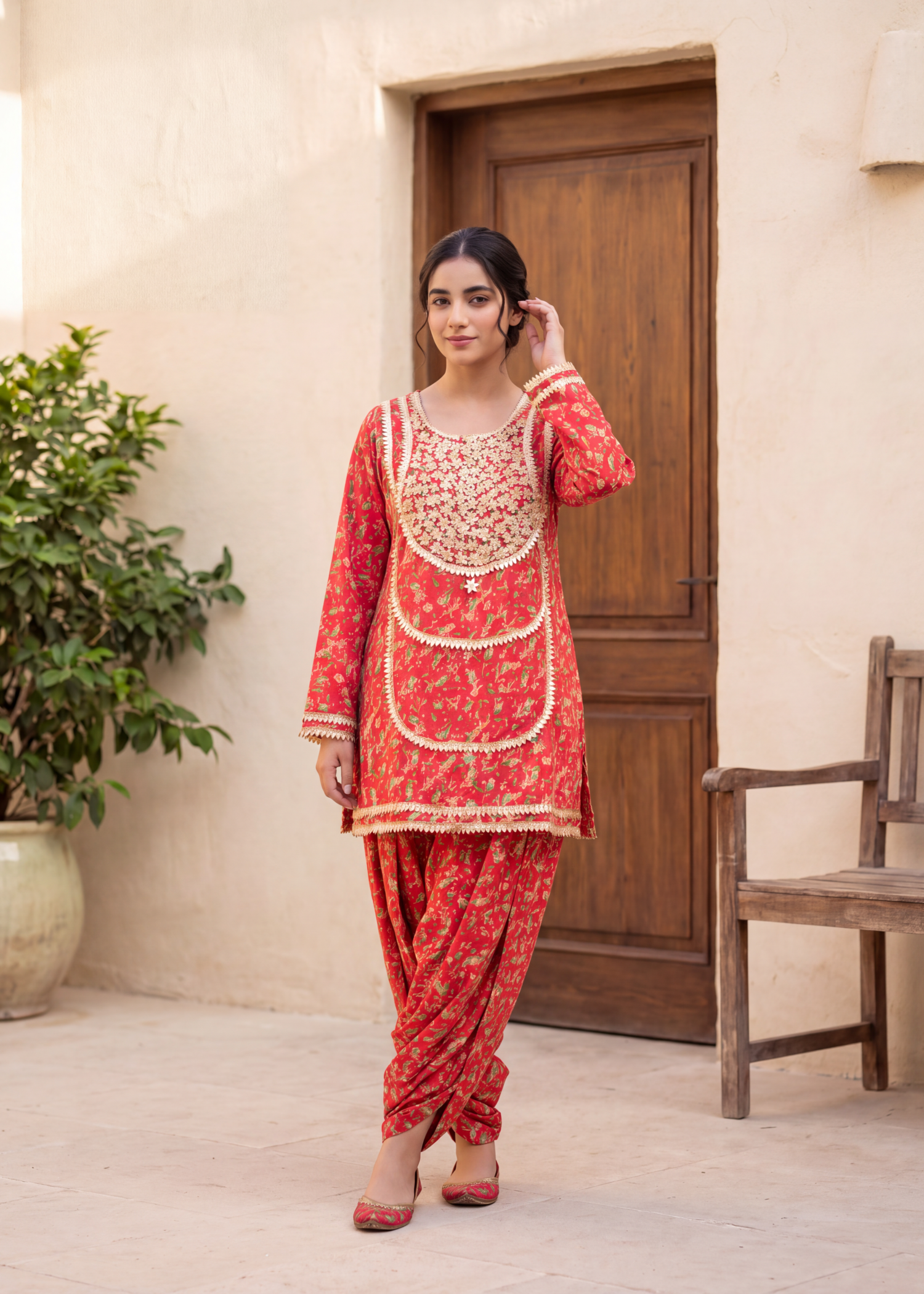 lawn Kurta Set in Coral red, scarlet fever, imperial red