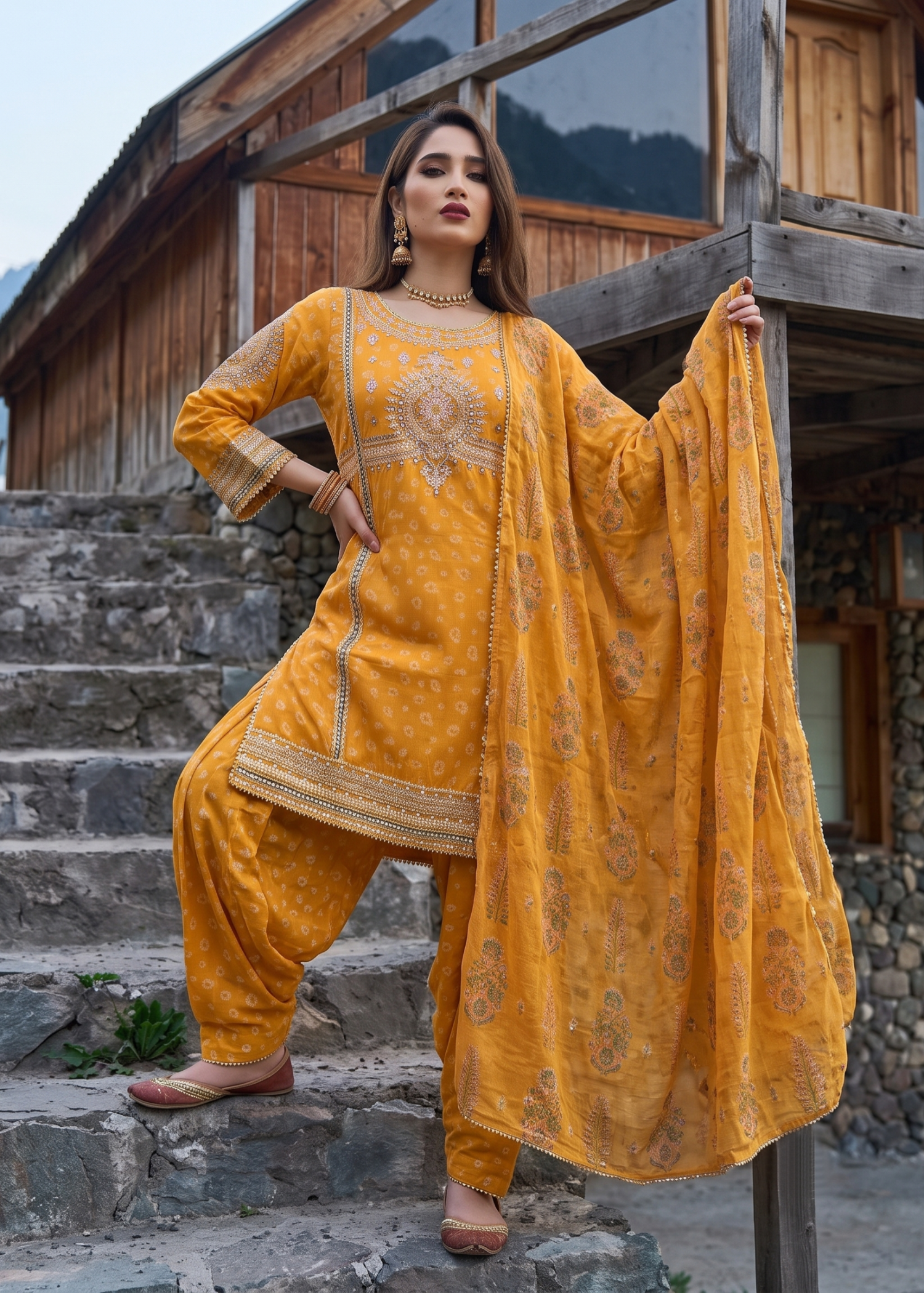 jacquard Kurta Set in Mustard