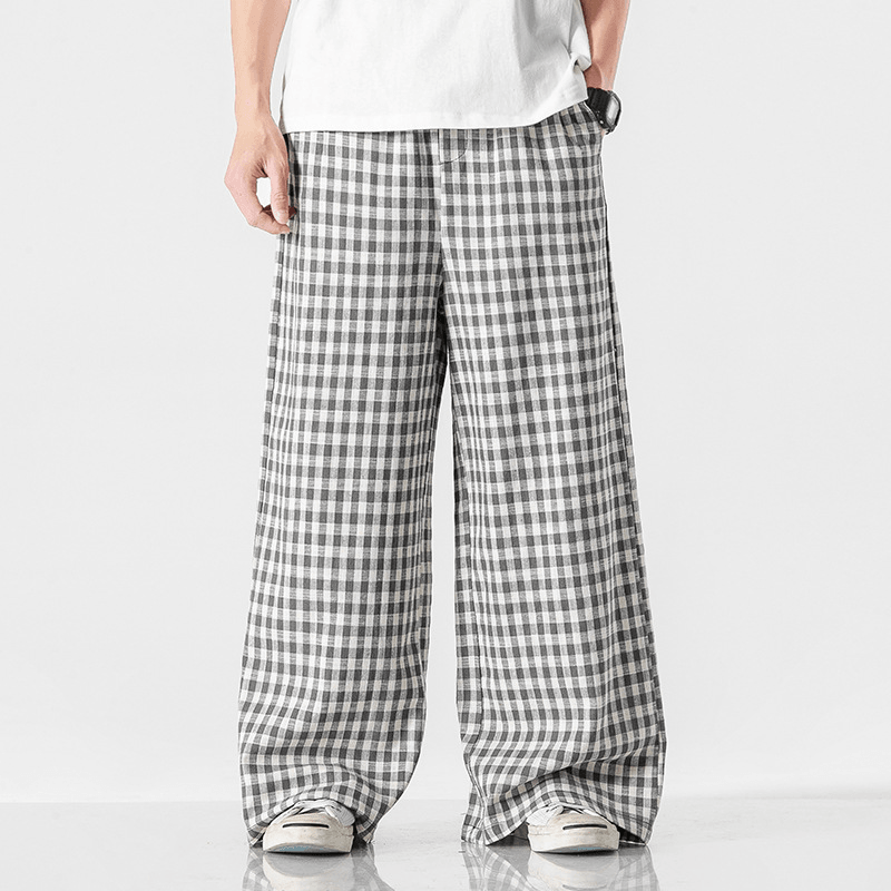 Summer plus Size Chinese Style Cotton and Linen Plaid Baggy Pants