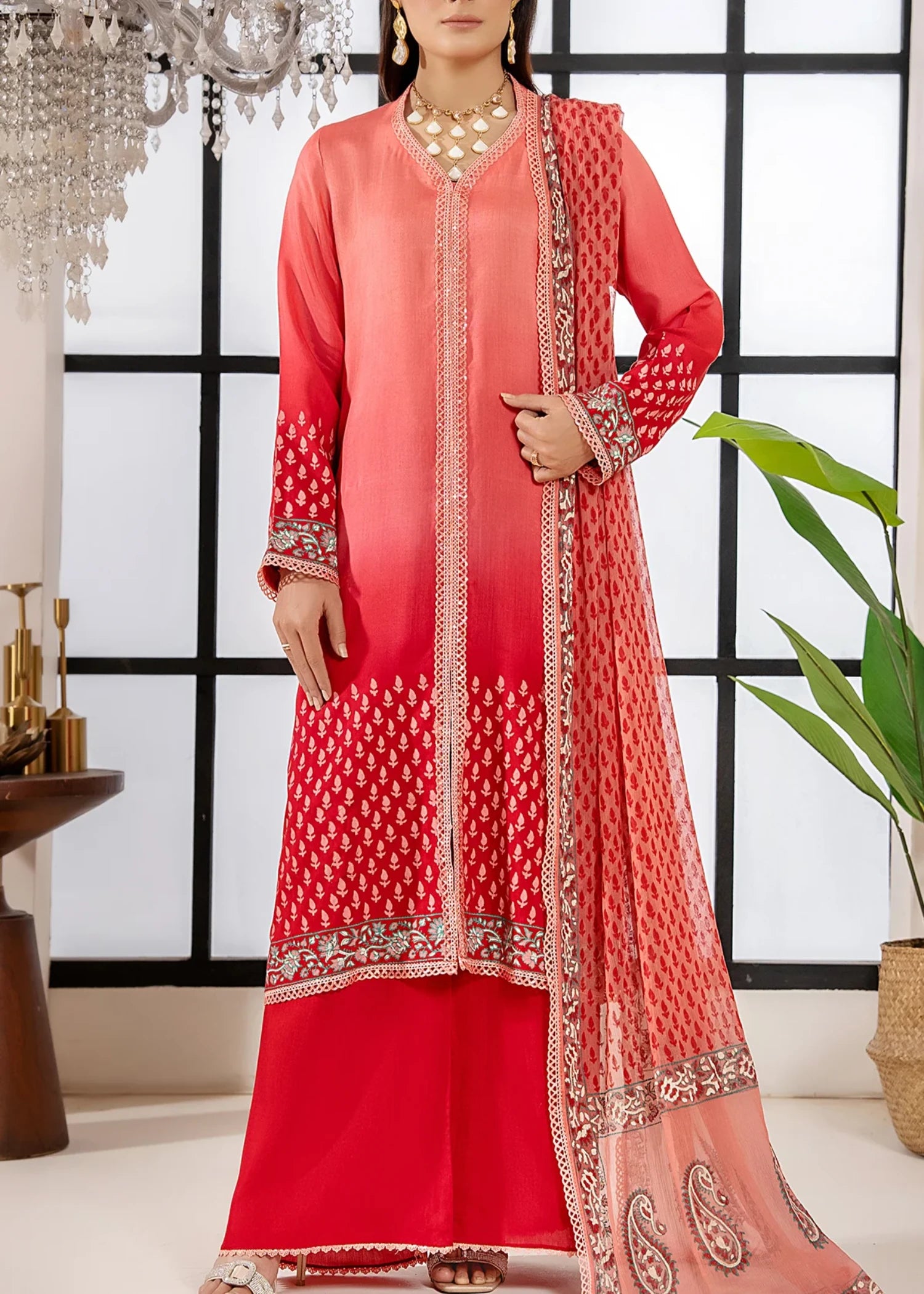 raw silk Unstitched in Coral pink
