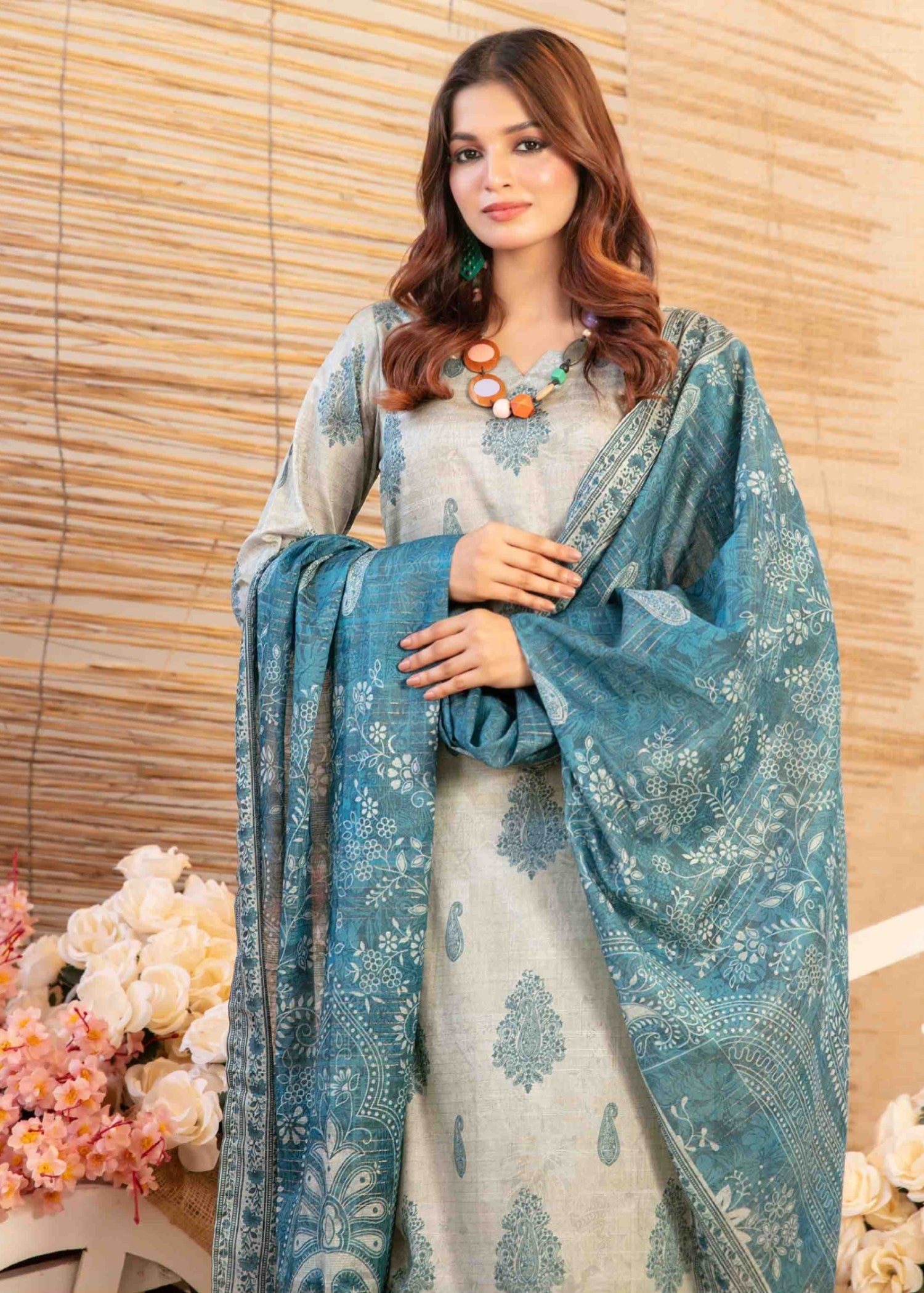 slub lawn Kurta Set in Sky blue, grey