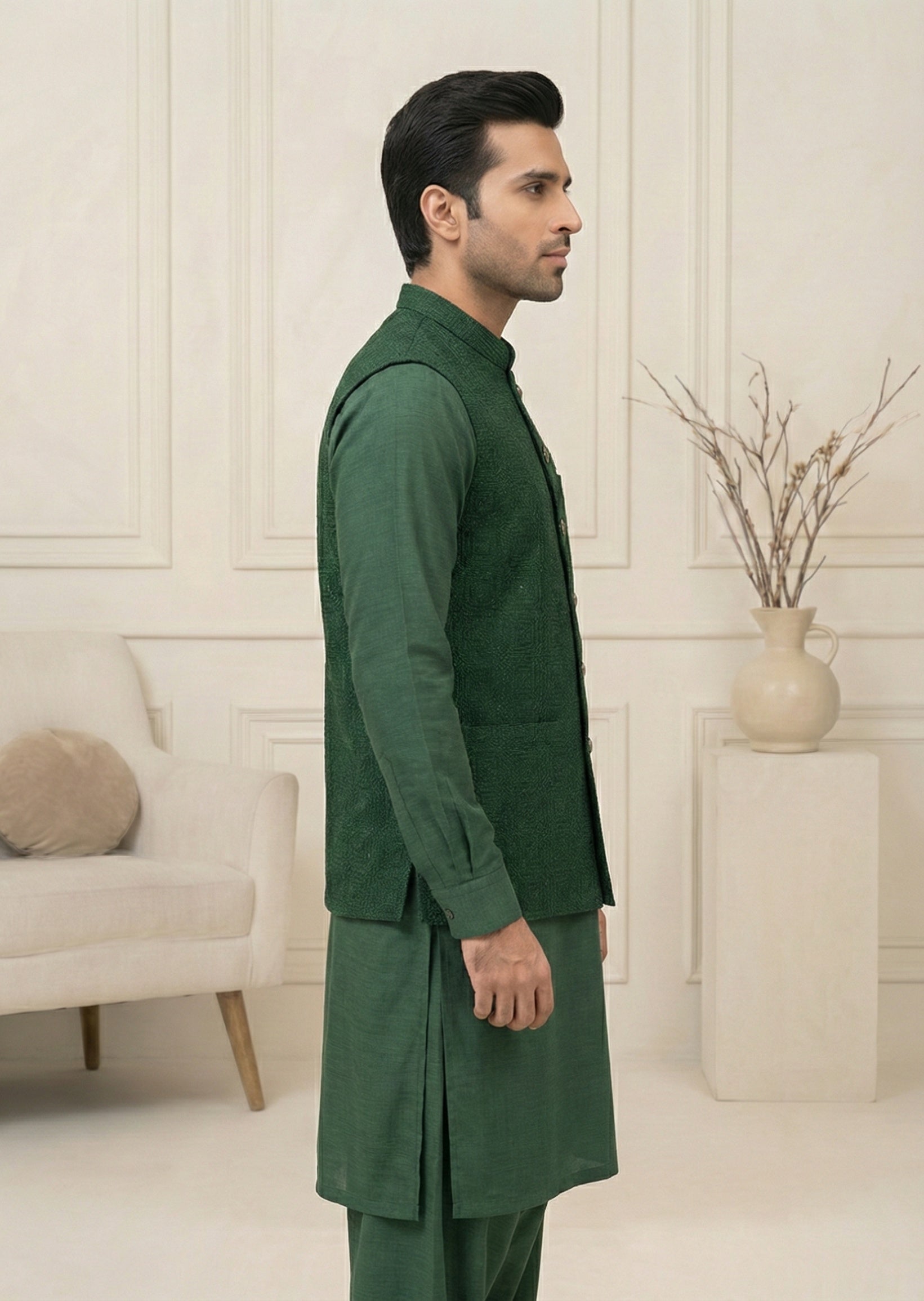 traditional jamawar Waistcoat in Green