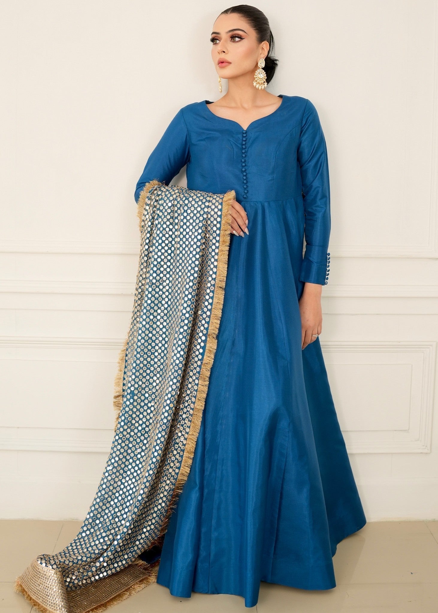 kattan silk Pishwas in Teal