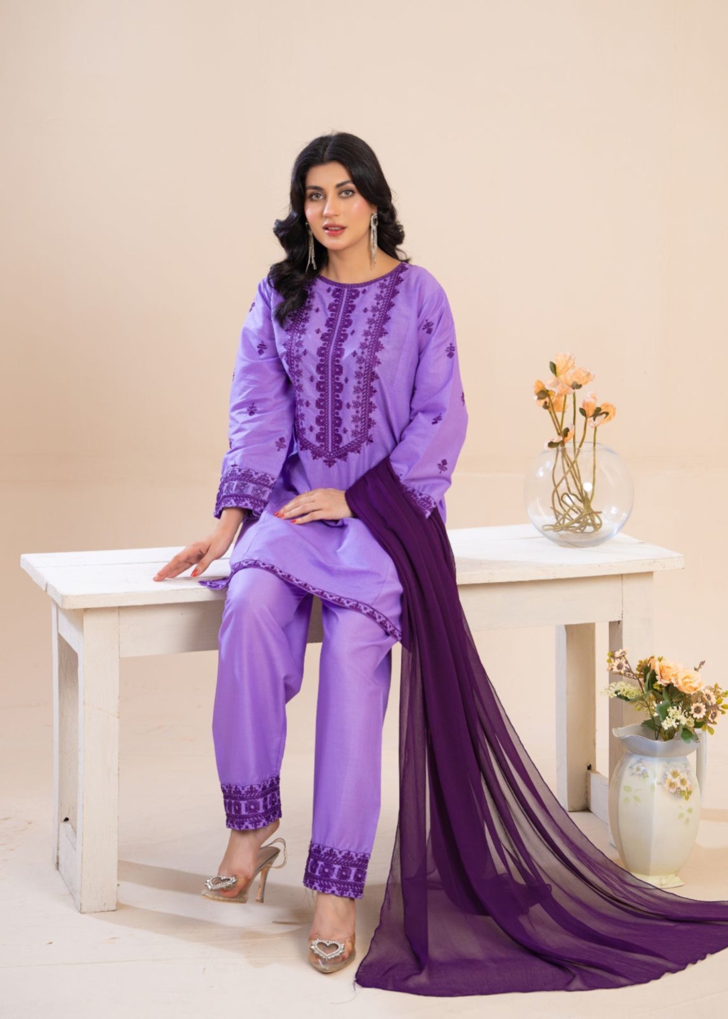 cambric Kurta Set in Heathered lilac