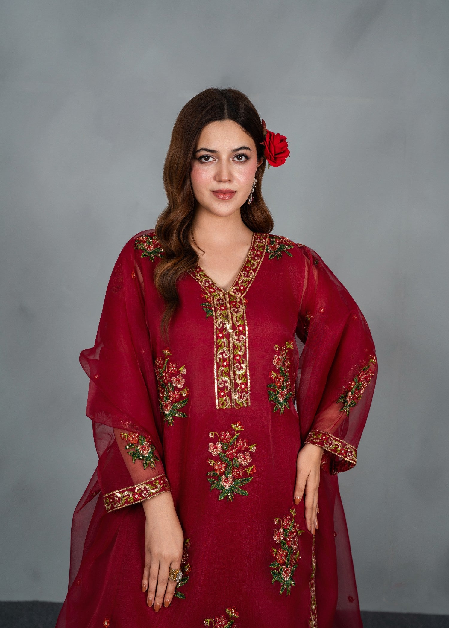 organza Kurta Set in Cardinal red