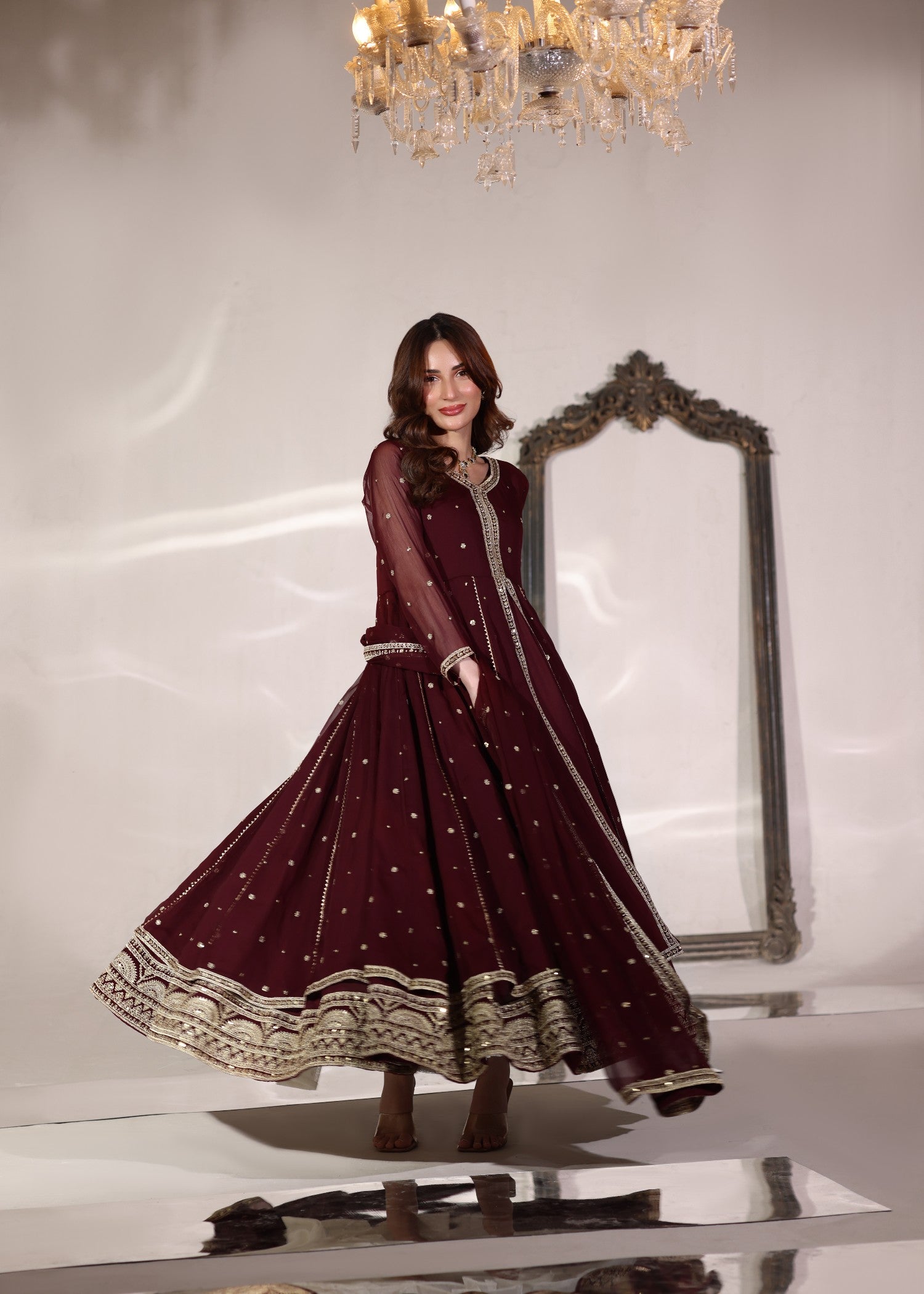 chiffon Pishwas in Maroon
