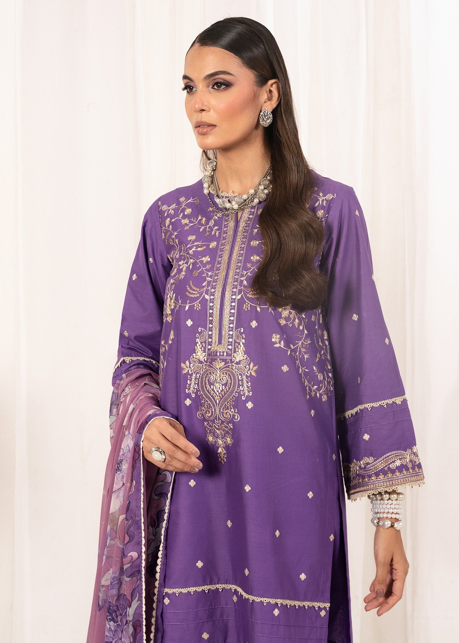 cambric cotton Kurta Set in Purple