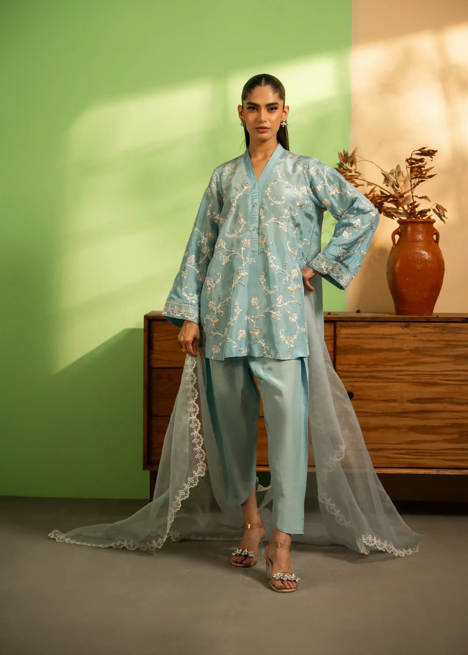 khaddi silk Short Frock in Sky blue