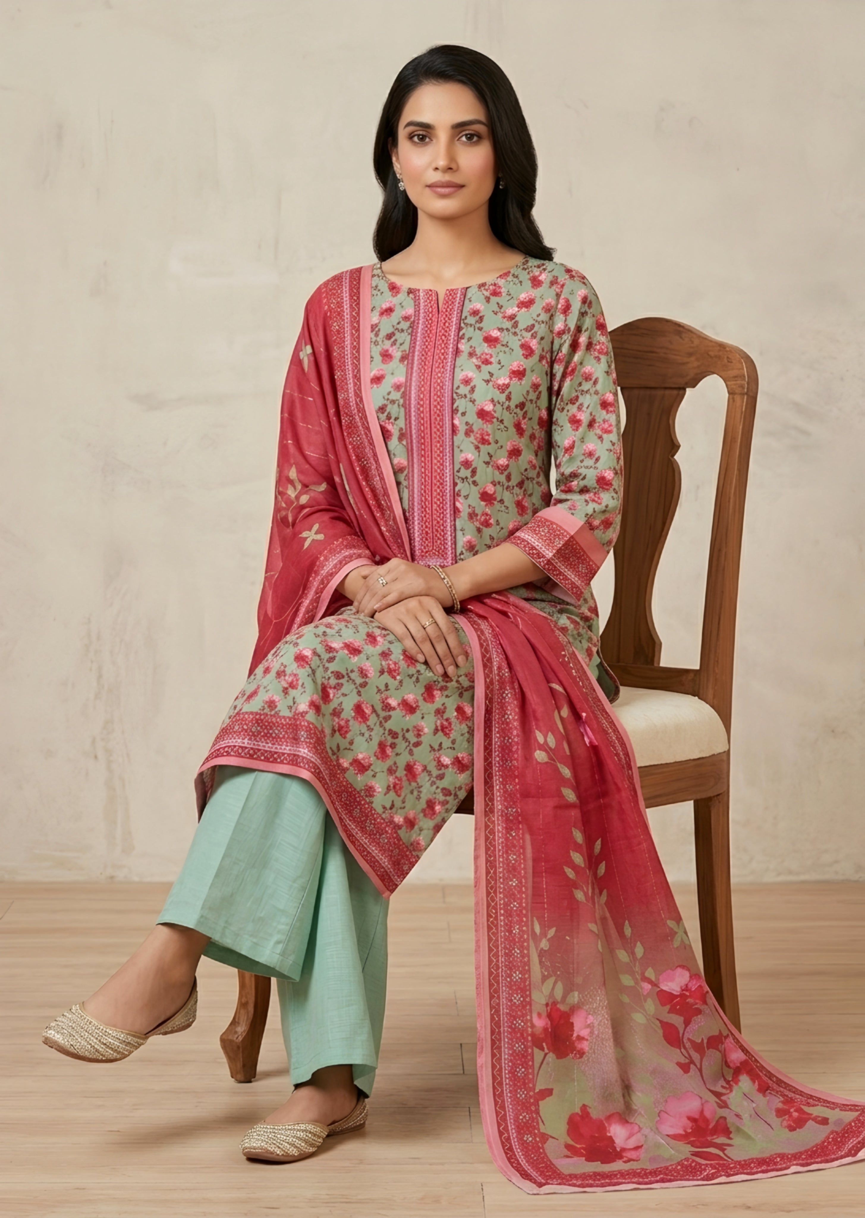 lawn Unstitched in Blush red, moss green