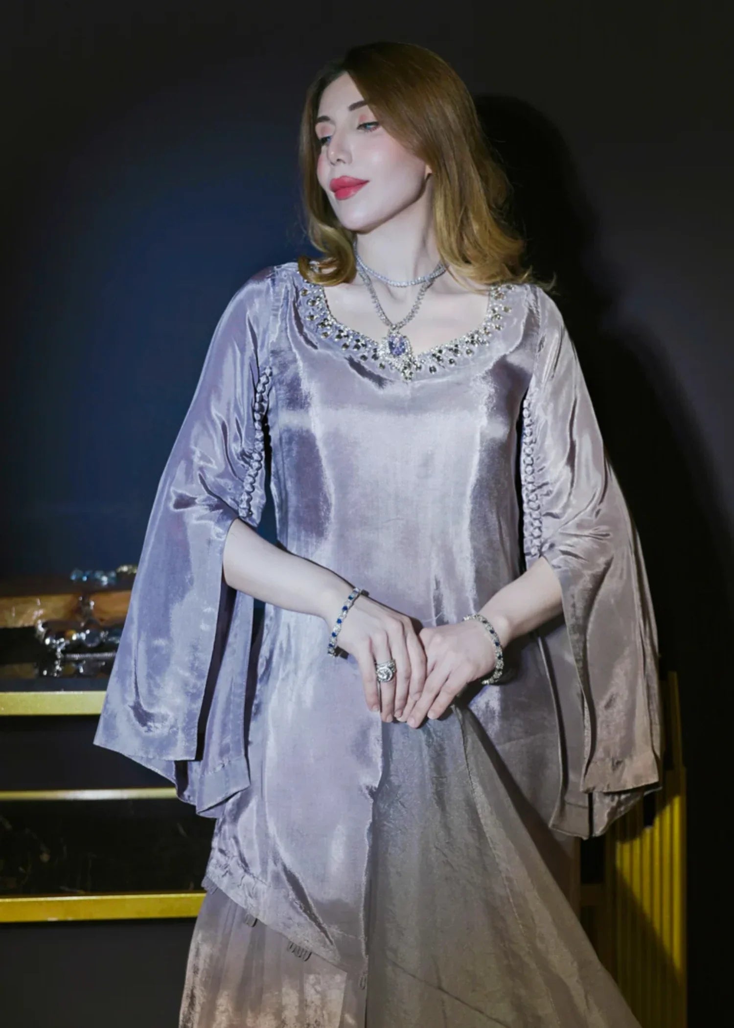 tissue silk Kurta Set in Grey