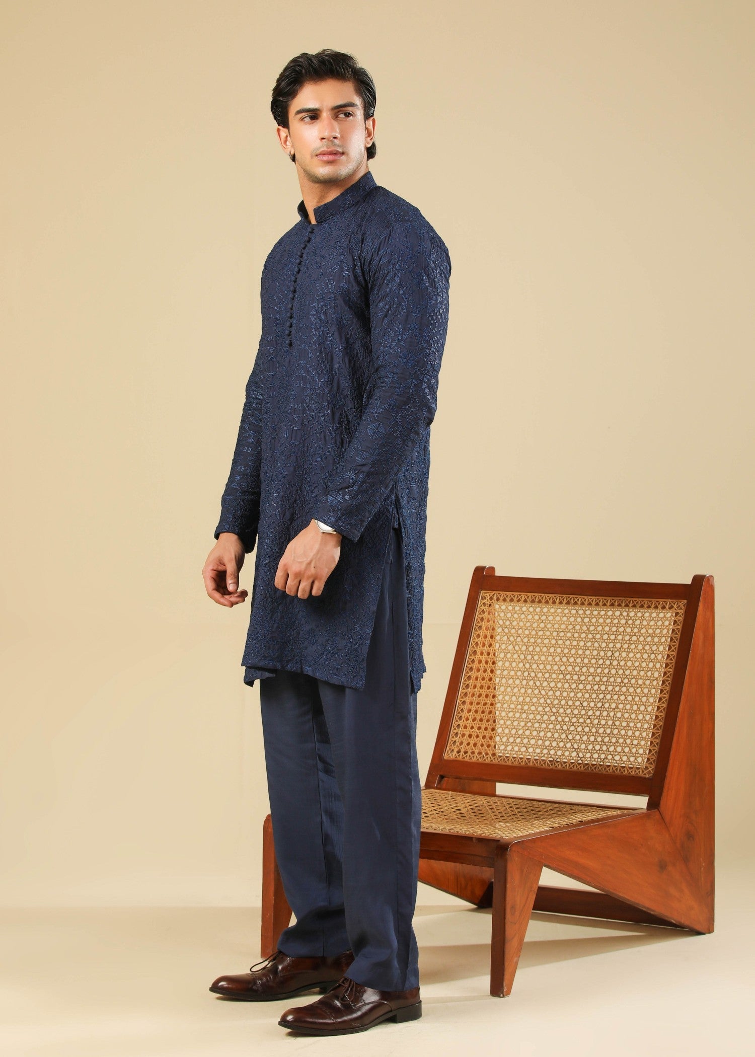 raw silk Kurta Set in Dark blue by Muraqsh