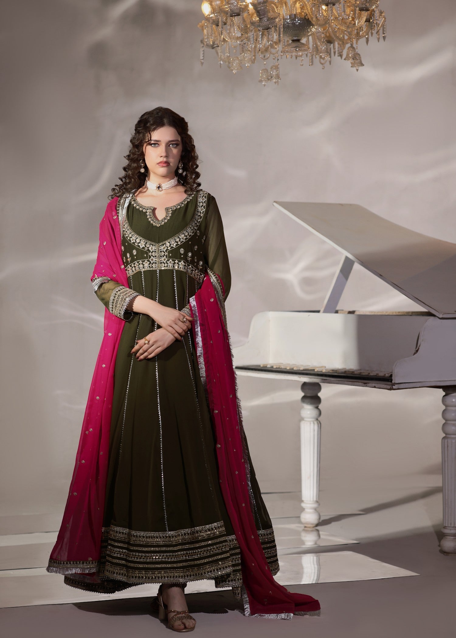 chiffon Pishwas in Olive green