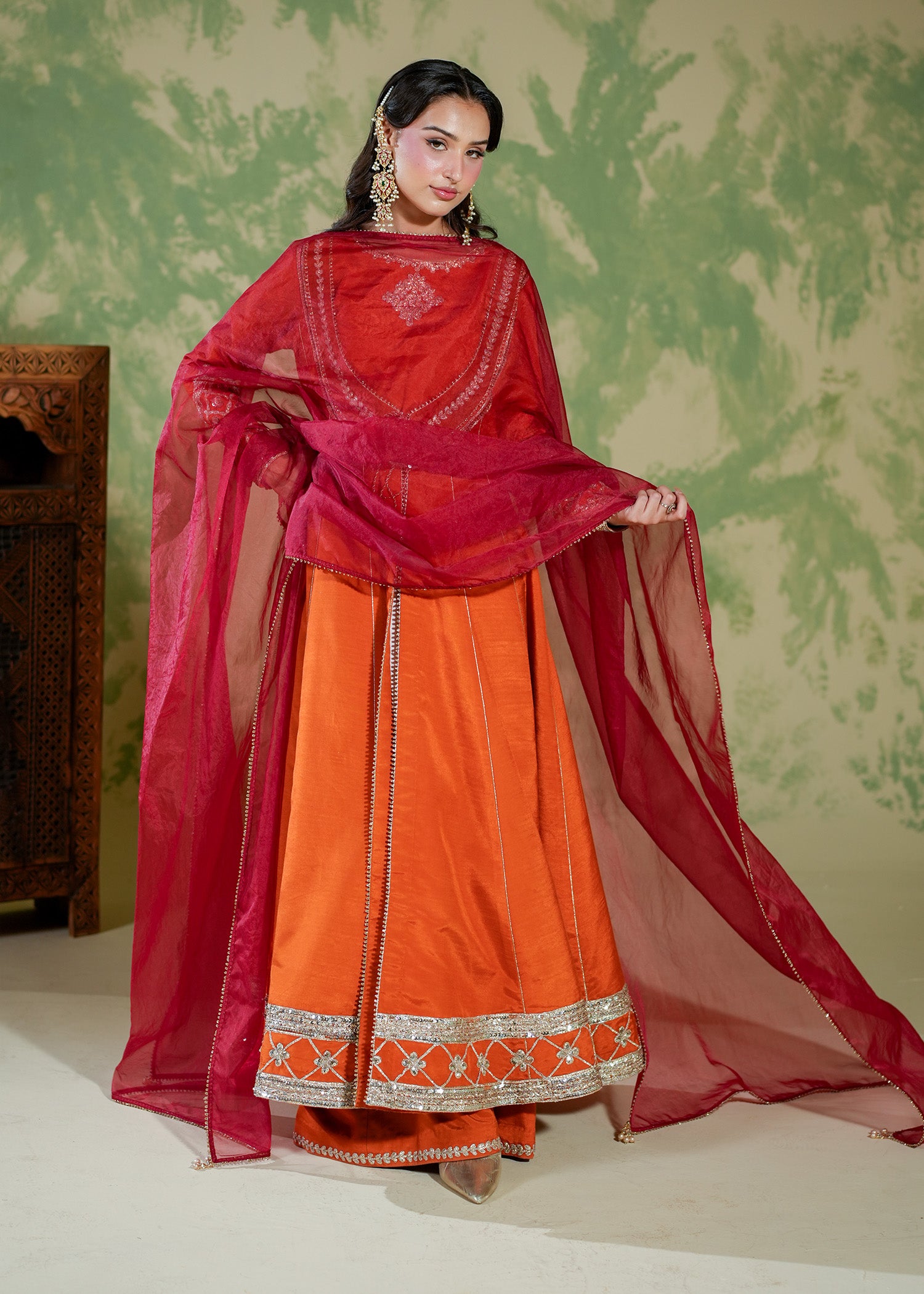 raw silk Pishwas in Rust orange, rust red